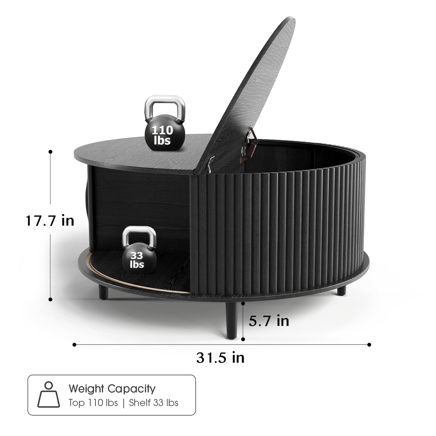 Round Coffee Table with Storage,Mid Century Modern Dining Table with Sliding Cabinet Door for Living Room,Home Small Space,31.5" Small Center Table,Black