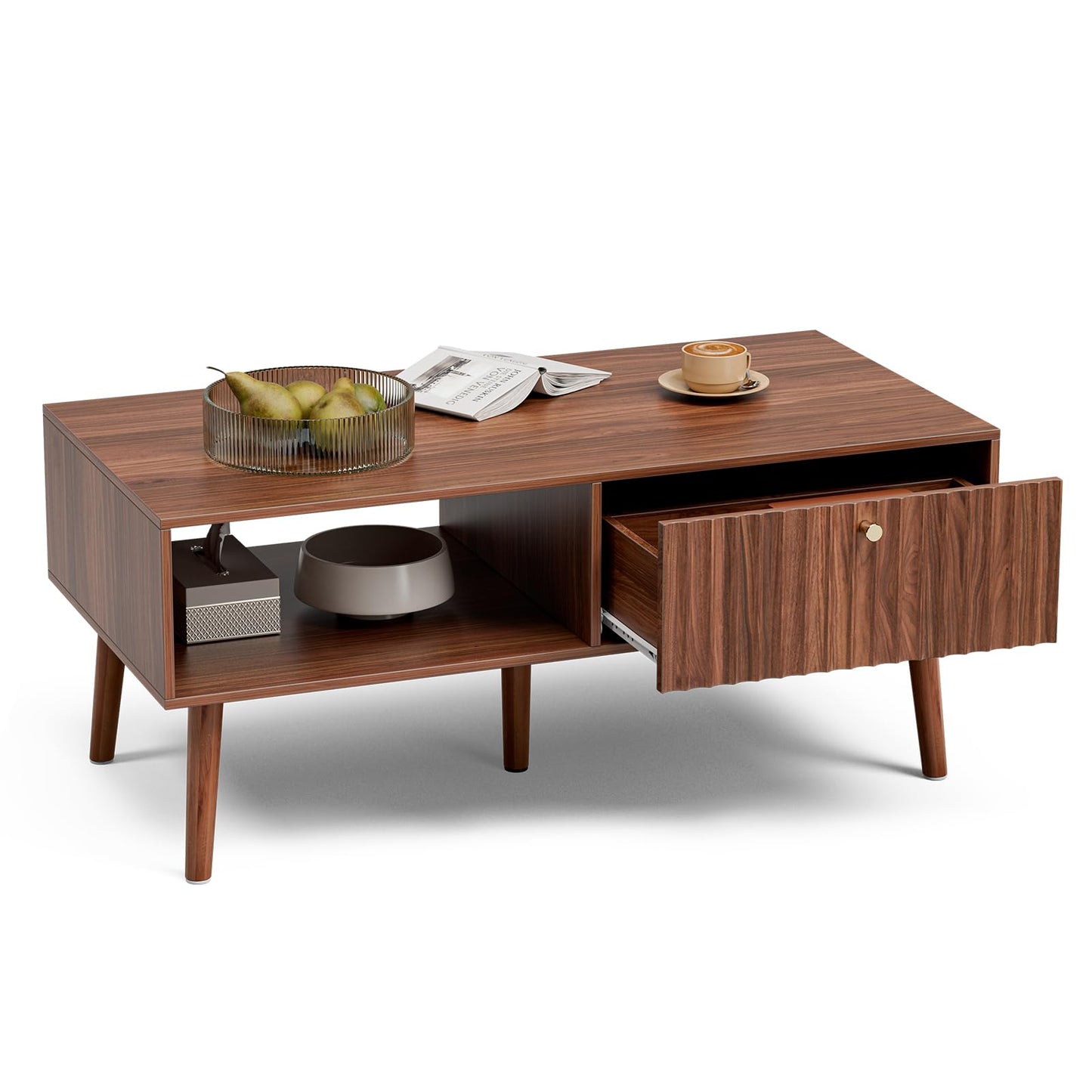 Mid-Century Modern Coffee Table with Storage – Fluted Drawer & Solid Wood Legs, Small Center Table for Living Room, Walnut