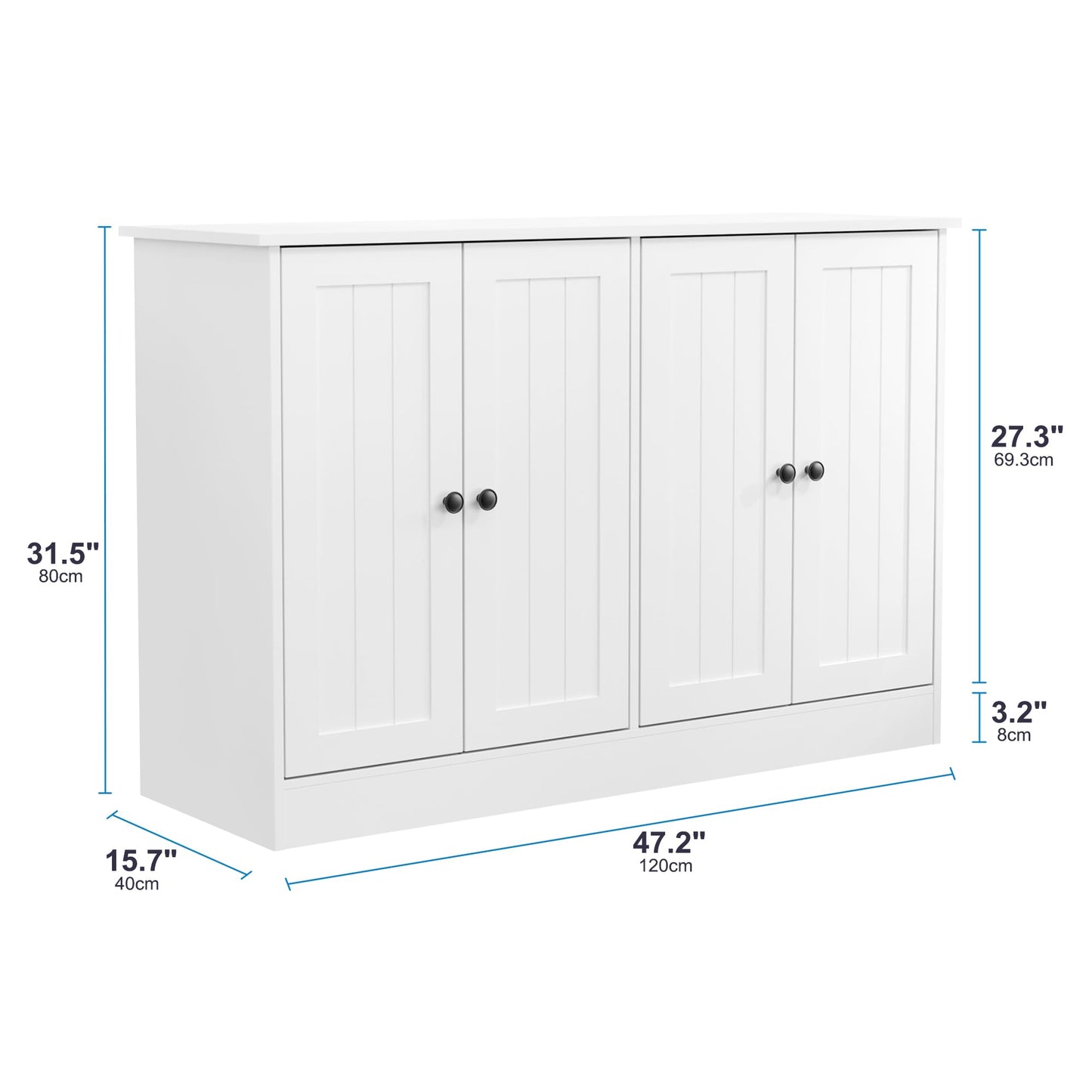 47" Sideboard Buffet Cabinet with 4 Doors, Modern Farmhouse Coffee Bar Storage Table for Kitchen, Dining, or Living Room, White