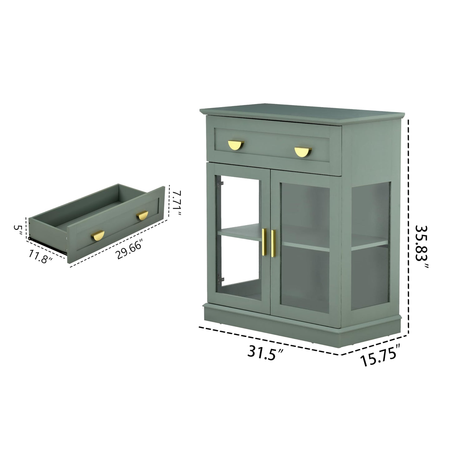 **31.5'' Small Buffet Cabinet with Glass Doors, Compact Coffee Bar Cabinet with Storage, Modern Sideboard Buffet with Adjustable Shelf and Drawer for Kitchen, Dining Room, and Living Room, Green**
