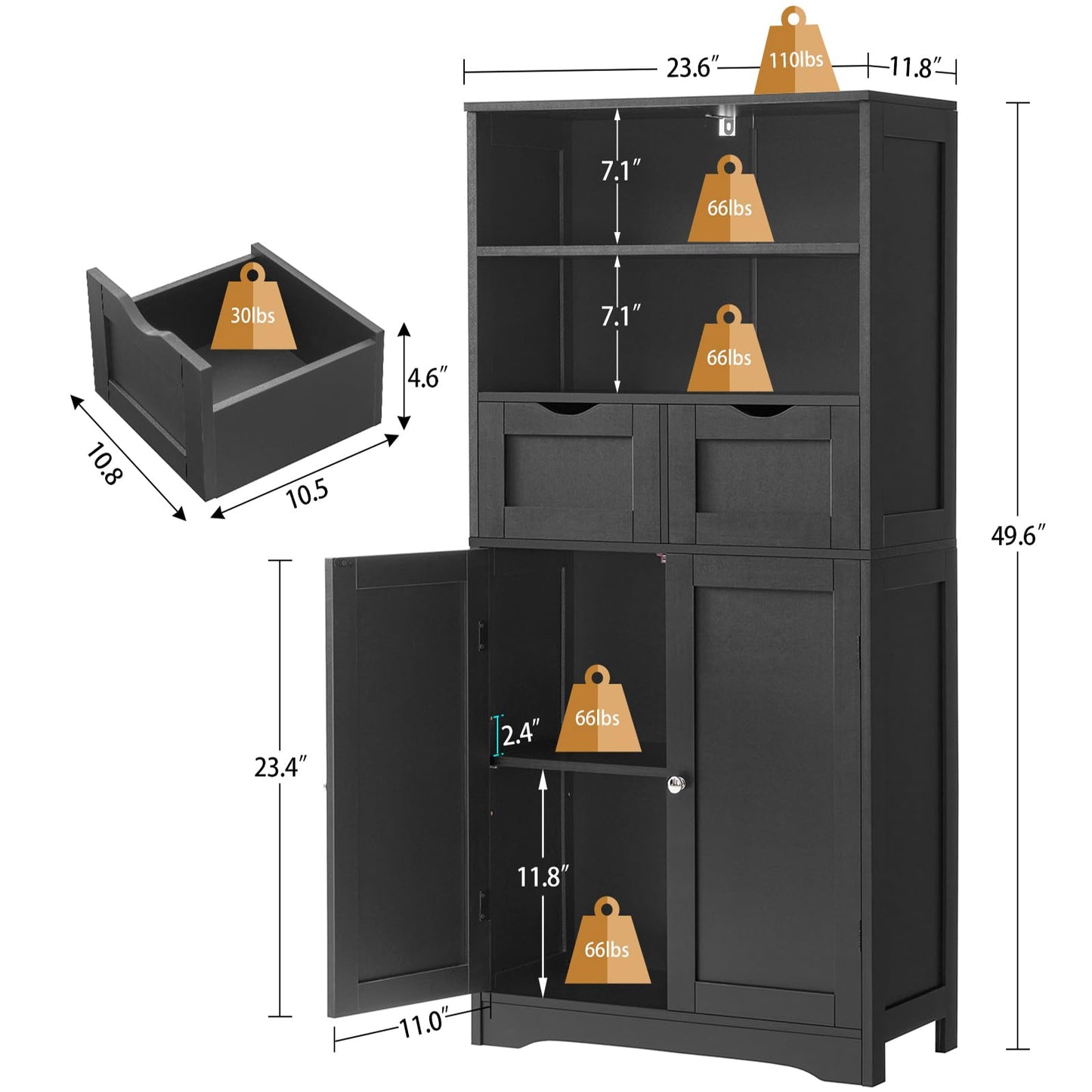Tall Storage Cabinet with 2 Drawers and Adjustable Shelves, Black Bathroom or Living Room Cabinet for Dining Room or Entryway
