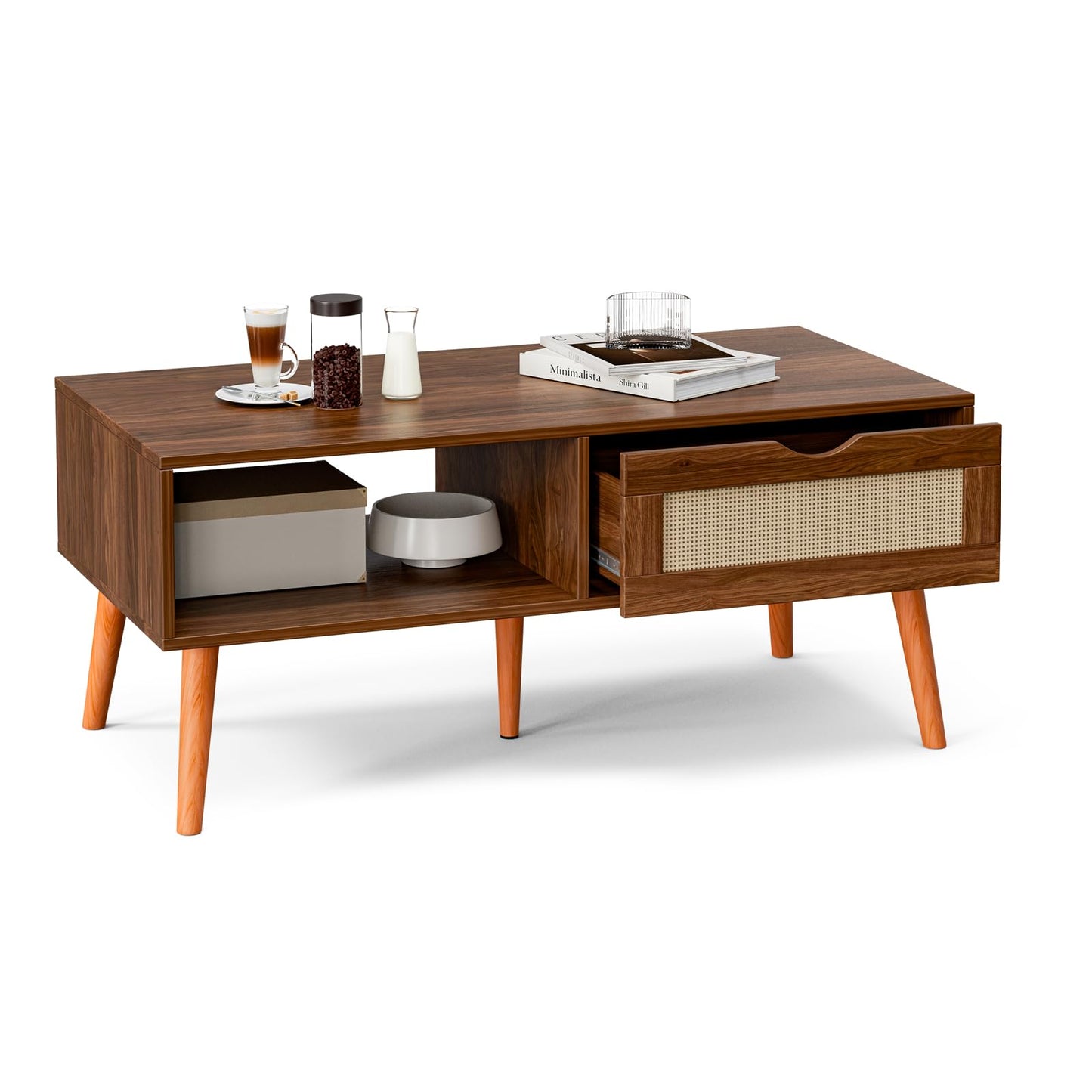 Boho Coffee Table with Rattan Drawer and Solid Wood Legs, Small Living Room Table with Storage, Walnut