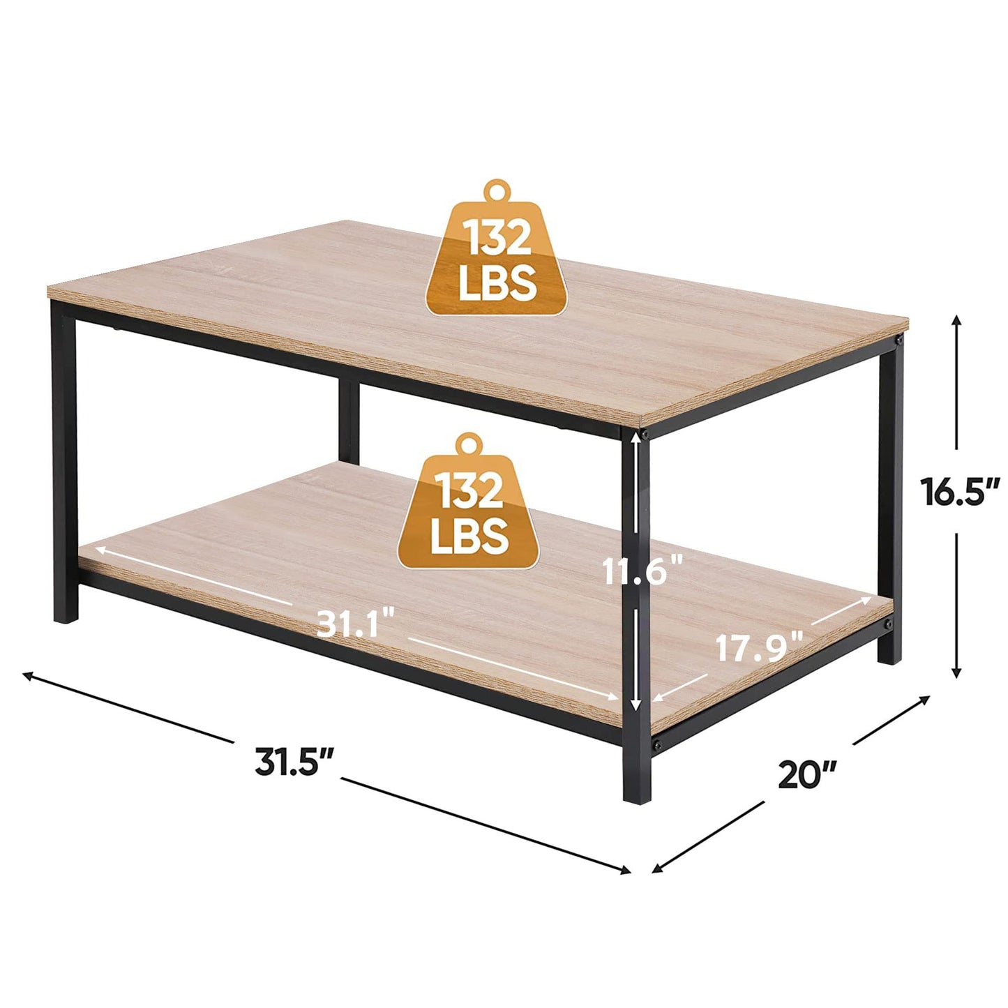 SUPER DEAL 2-Tier Industrial Coffee Table with Storage Shelf – Natural Oak Rectangle Wood and Metal Center Table for Small Apartments, Living Room, or as a TV Stand/Side End Table