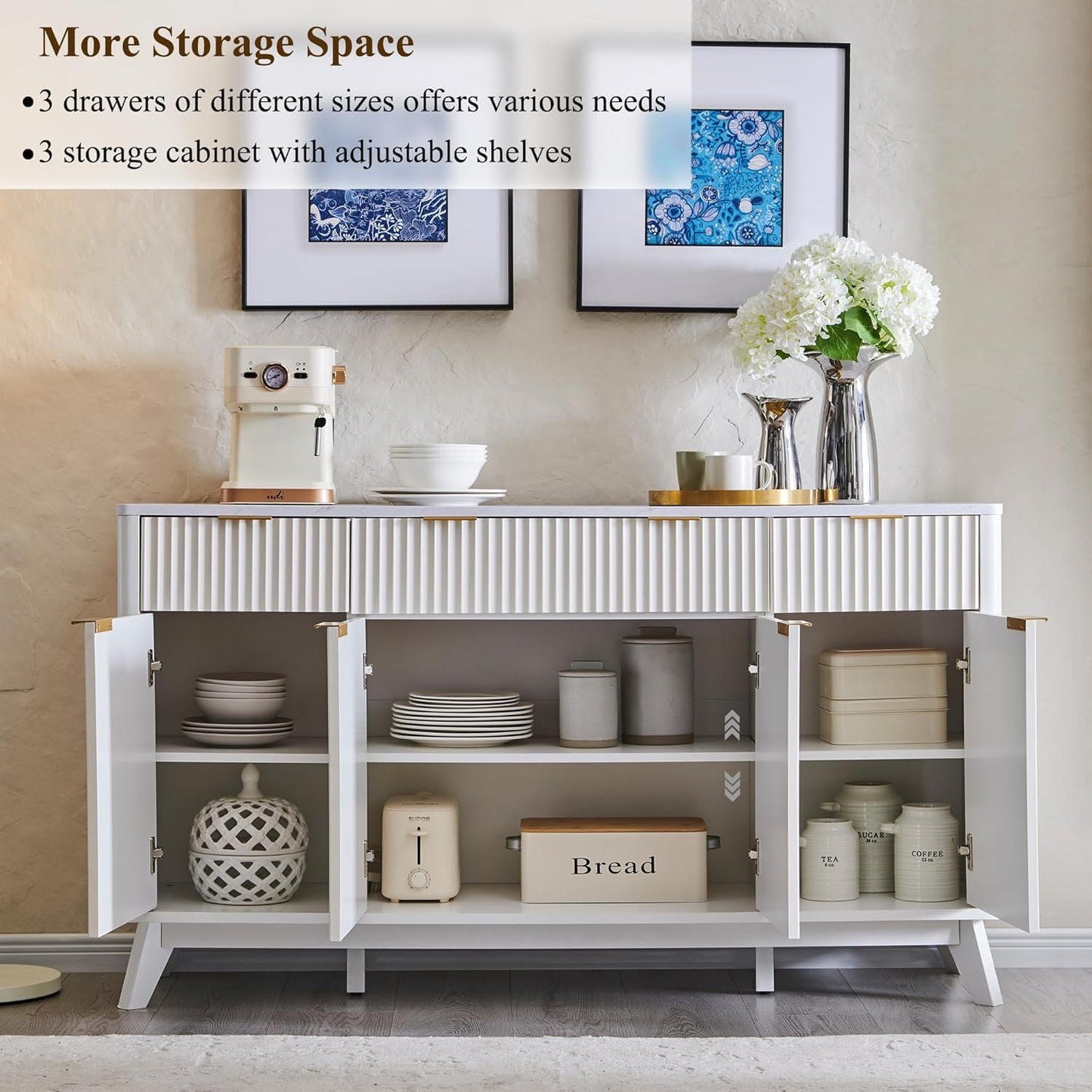 **T4TREAM 60" Fluted Modern Buffet Sideboard Cabinet with Storage, Large Buffet Table with 3 Drawers & 4 Doors for Dining Room, Living Room, or Hallway, Solid White**