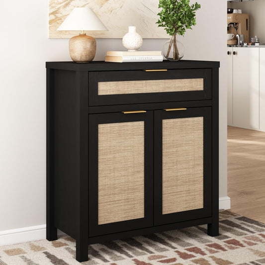 Boho Rattan Sideboard Buffet Cabinet with Doors and Drawer, Farmhouse Storage Credenza with Adjustable Shelf for Living Room, Hallway, or Kitchen, Black