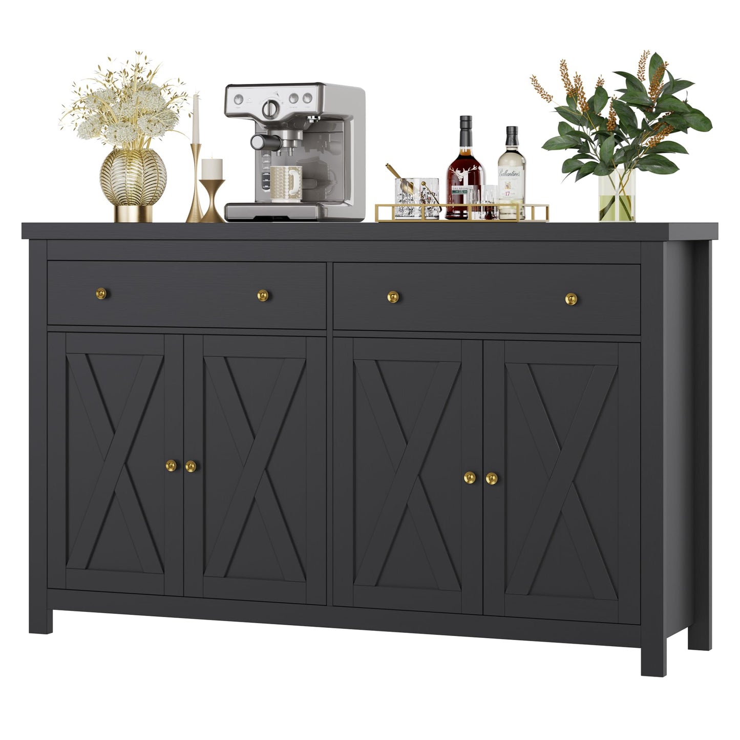 55" Large Sideboard Buffet Cabinet with 2 Drawers and 4 Doors, Wood Storage Buffet Table for Kitchen or Dining Room, Black