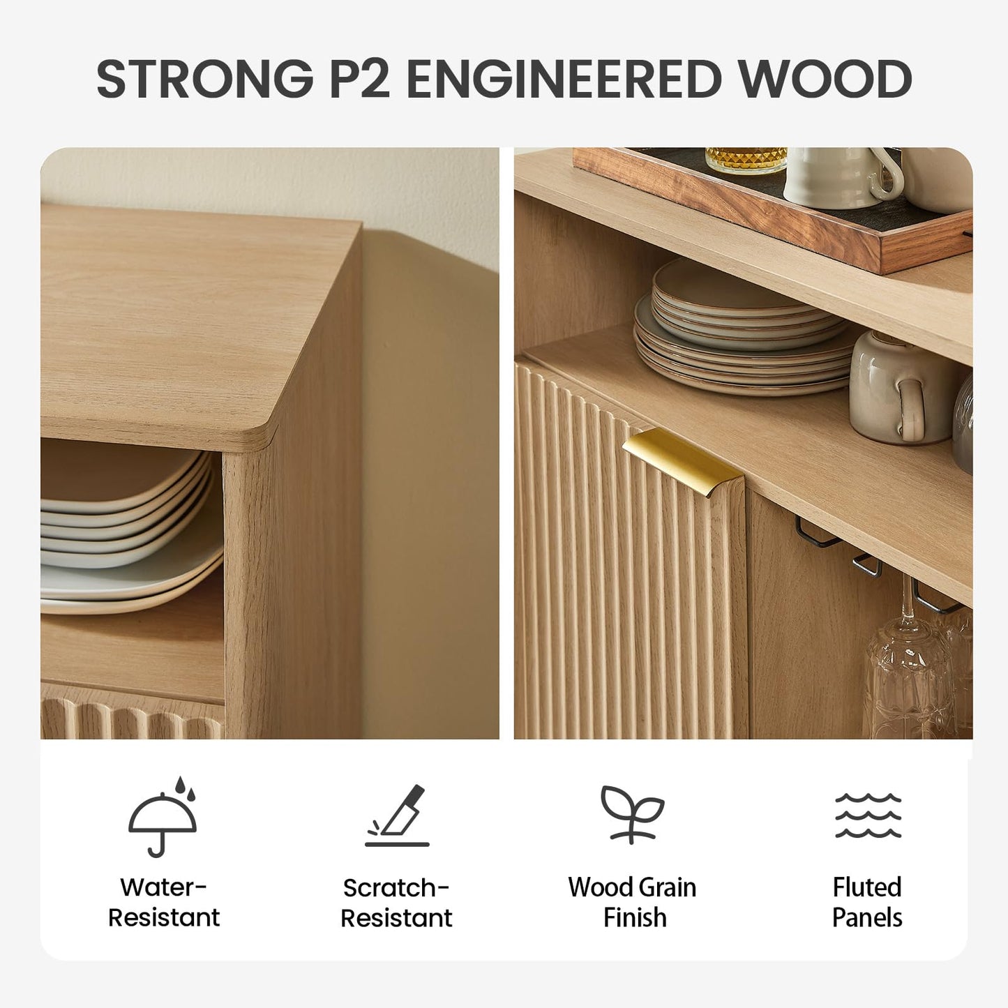Coffee Bar Cabinet with Wine Glass Rack, 47" Buffet Sideboard with Adjustable Shelves and Soft-Close Hinges, Holds 200 lbs, Natural Oak