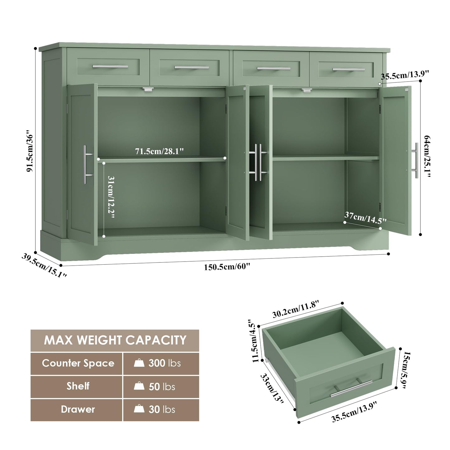 60" Large Buffet Sideboard with 4 Drawers and Storage, 36" Tall Modern Kitchen Cabinet with Gold Handles, Green