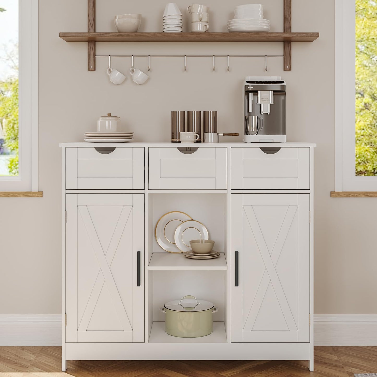 Storage Cabinet with 2 Doors, 3 Drawers, and 2 Adjustable Shelves, Coffee Bar Sideboard for Bathroom, Kitchen, or Living Room, White
