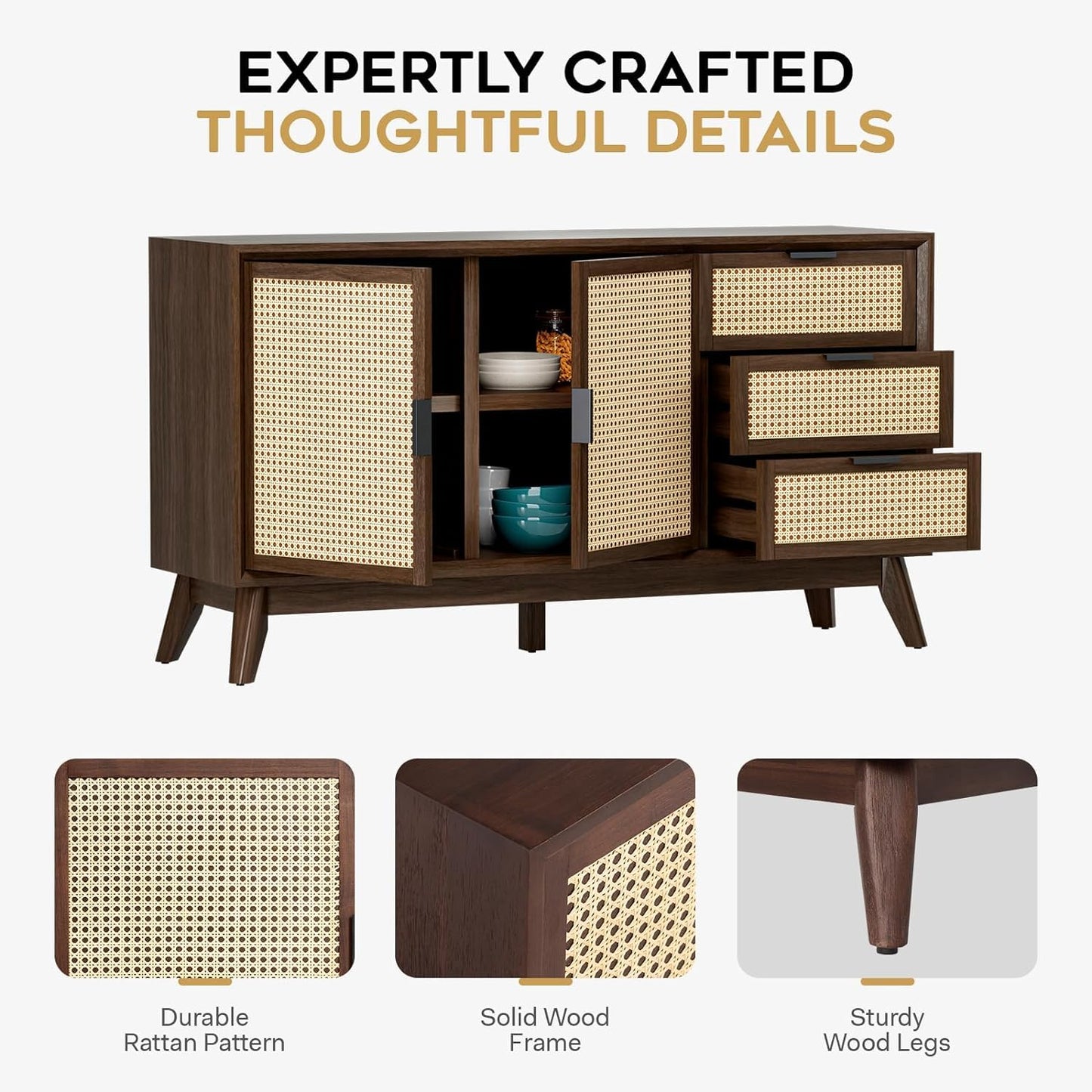 **58" Rattan Buffet Sideboard with 3 Drawers and 2 Doors, Pre-Assembled Accent Console Table for Living Room, Kitchen, or Dining, Walnut**