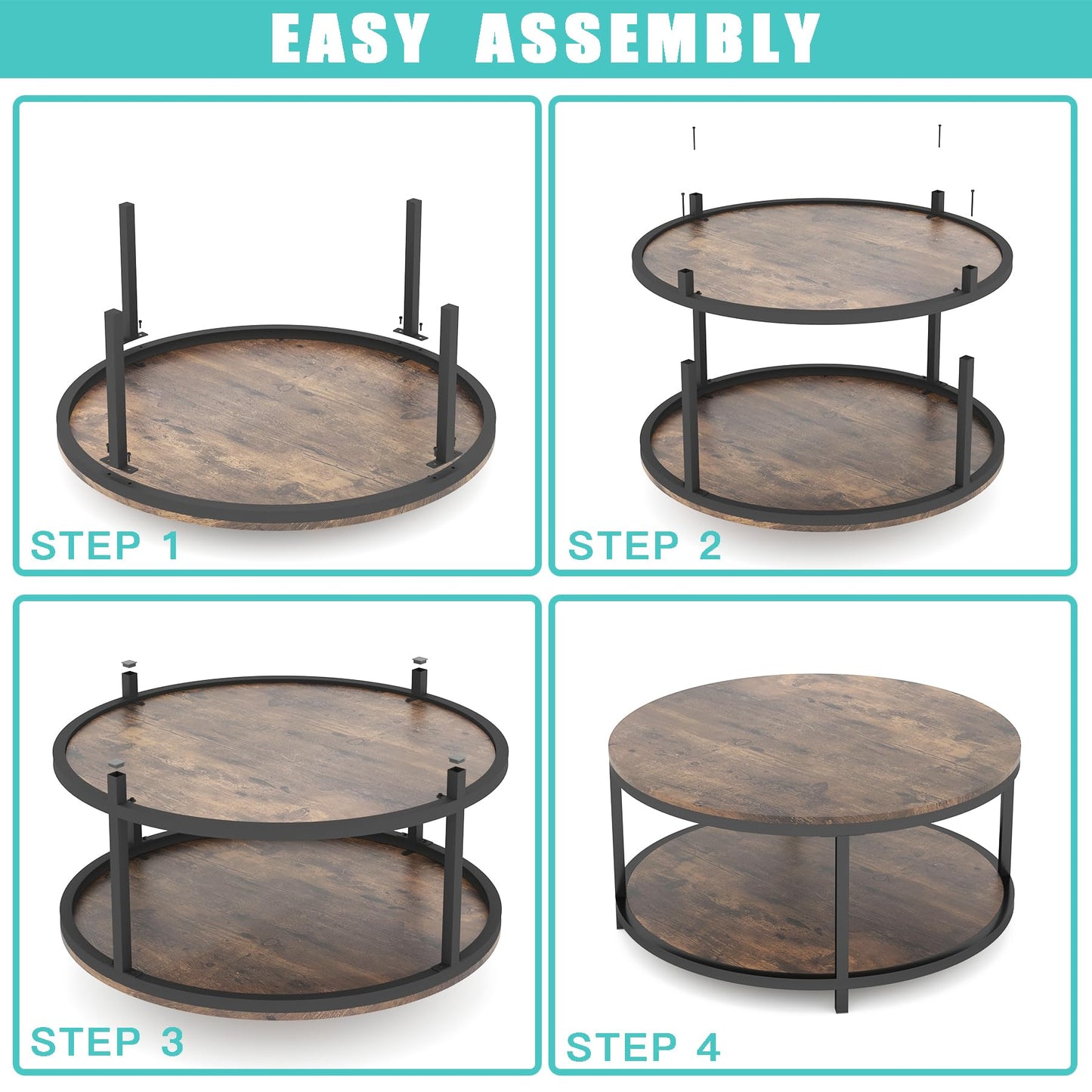 NSdirect 36" Round Coffee Table for Living Room – Rustic Brown Wooden Top with Sturdy Metal Legs, 2-Tier Industrial Sofa Table with Open Storage Shelf, Modern Home Furniture