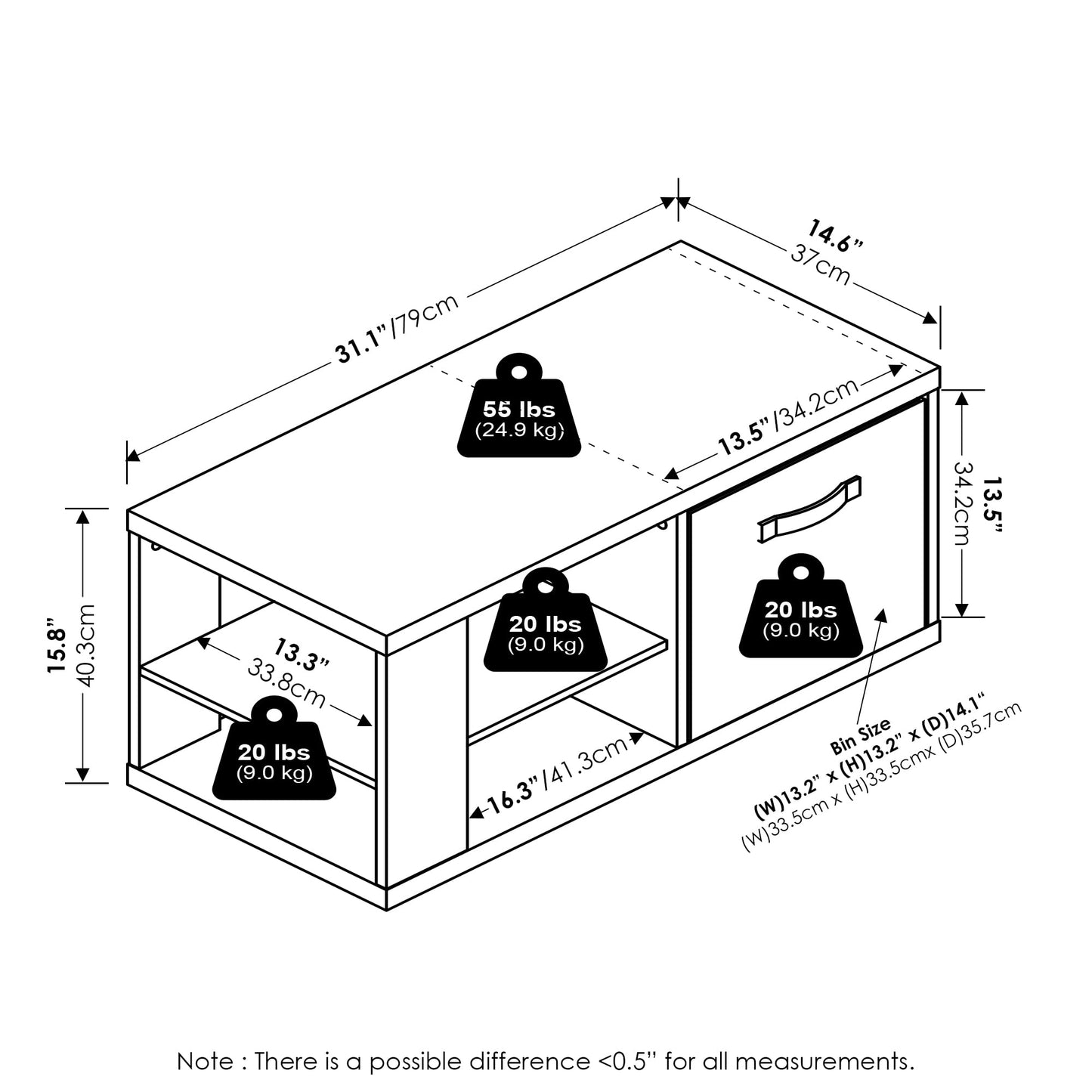Modern Coffee Table with Open Shelves and Storage Bin, Stylish Side Table for Living Room, Dark Oak/Black