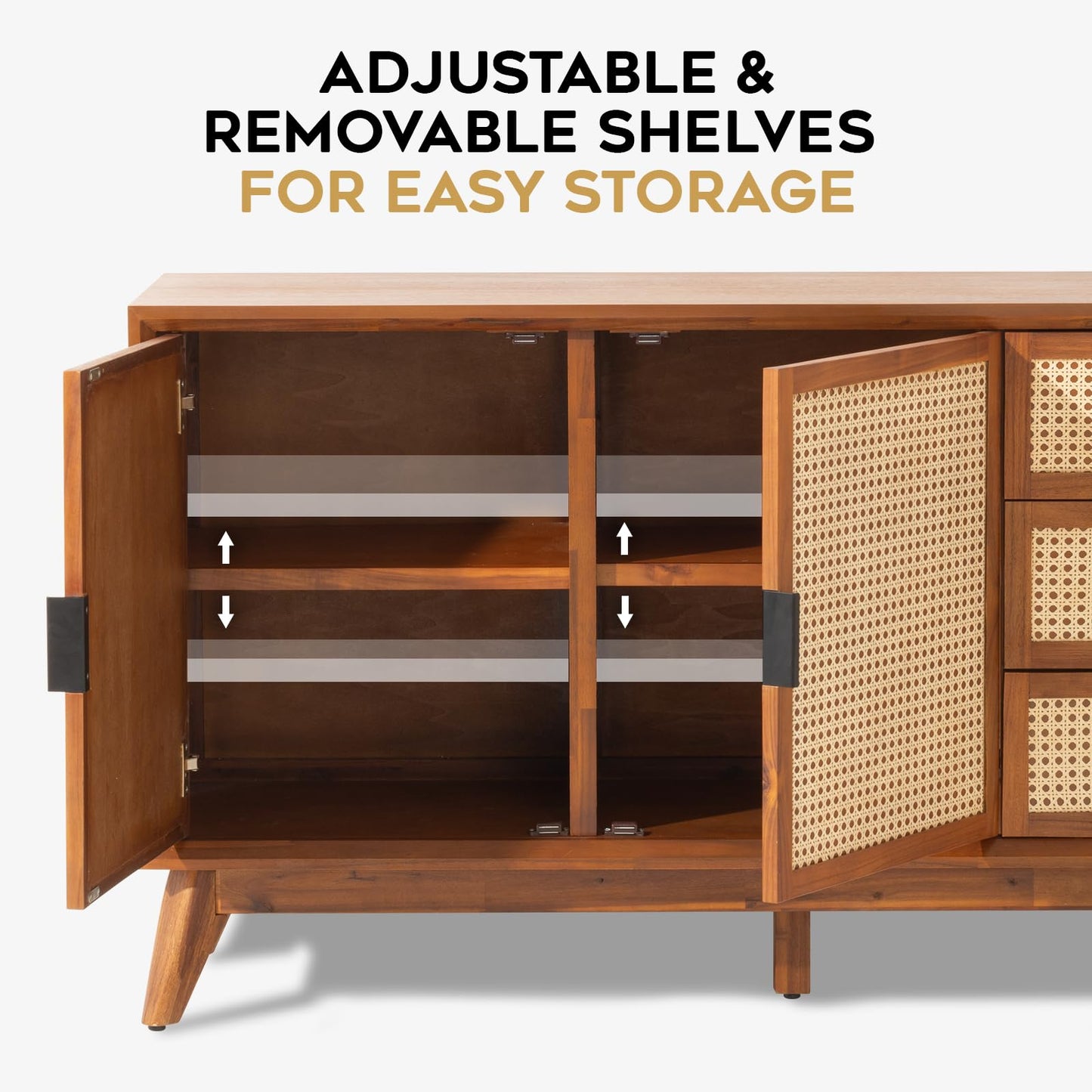 **58" Rattan Buffet Sideboard with 3 Drawers and 2 Doors, Pre-Assembled Accent Console Table for Living Room, Kitchen, or Dining, Dark Chocolate**