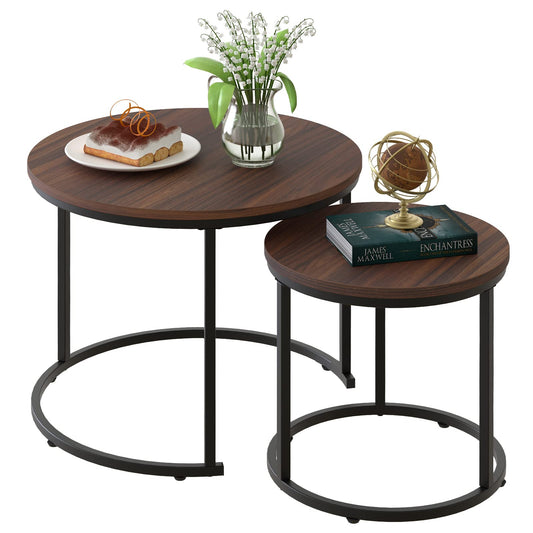Nesting Coffee Table Set of 2, Round End Tables with Sturdy Metal Frame for Living Room or Bedroom, Modern Industrial Style