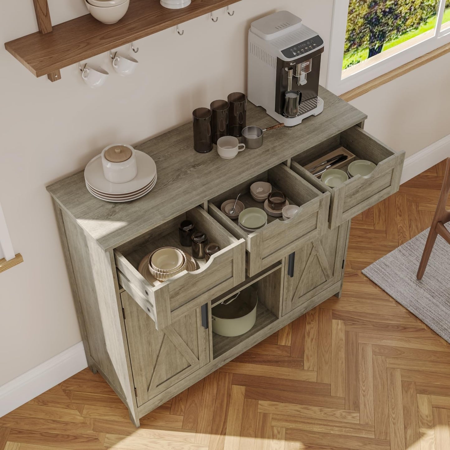 Storage Cabinet with 2 Doors, 3 Drawers, and 2 Adjustable Shelves, Coffee Bar Sideboard for Bathroom, Kitchen, or Living Room, Gray