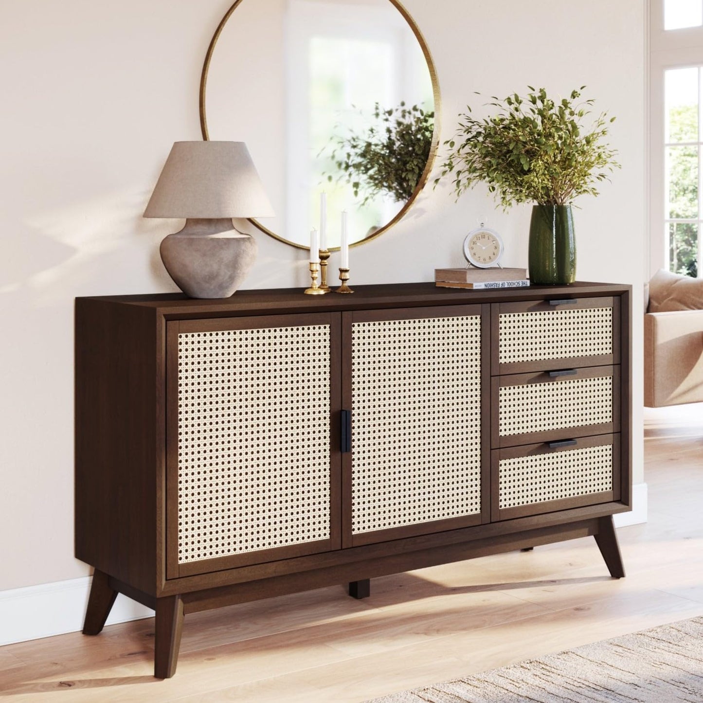 **58" Rattan Buffet Sideboard with 3 Drawers and 2 Doors, Pre-Assembled Accent Console Table for Living Room, Kitchen, or Dining, Walnut**