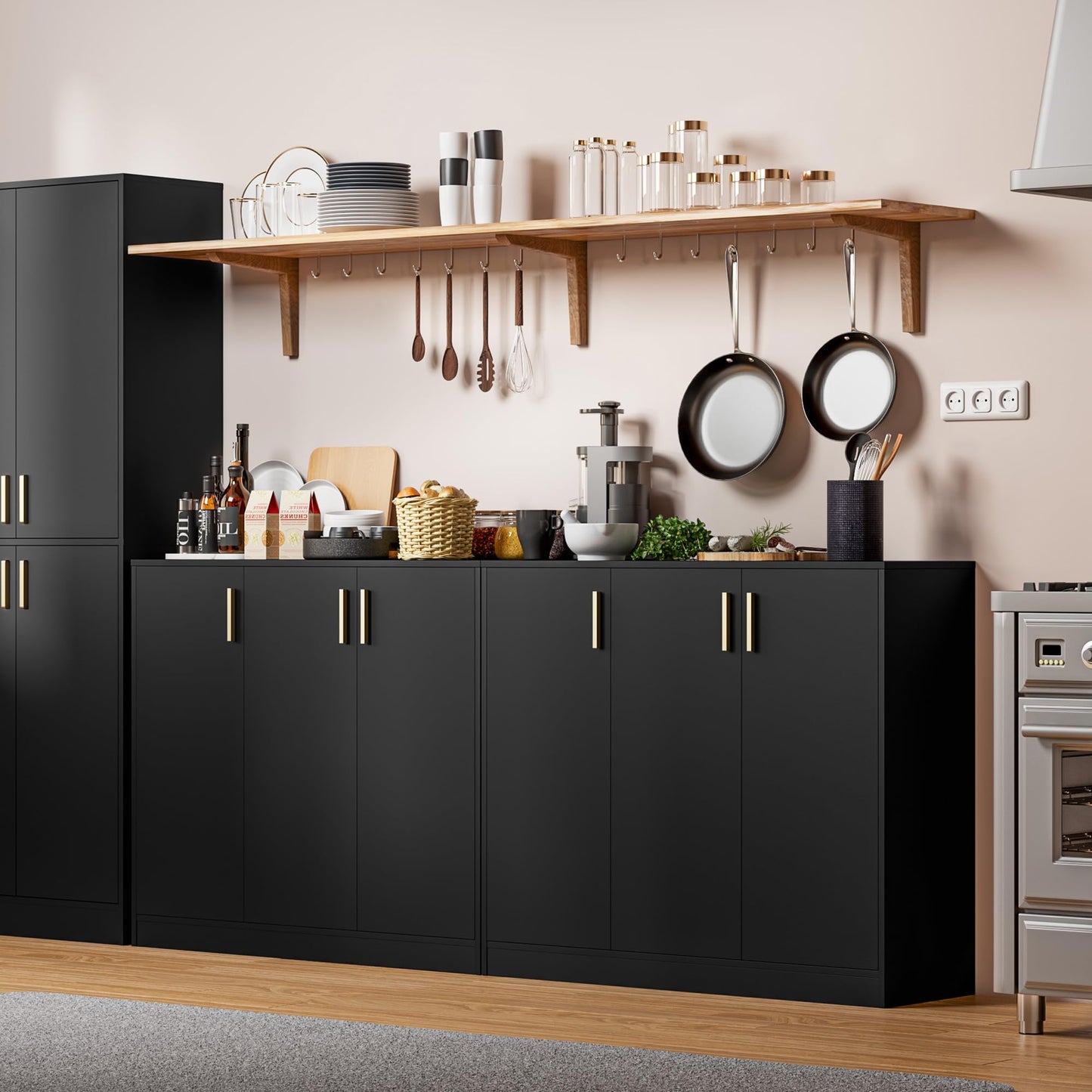 Buffet Cabinet with Doors and Shelves, 35.4" Tall Wood Sideboard Console Table for Kitchen, Living Room, Entryway, or Hallway, Black