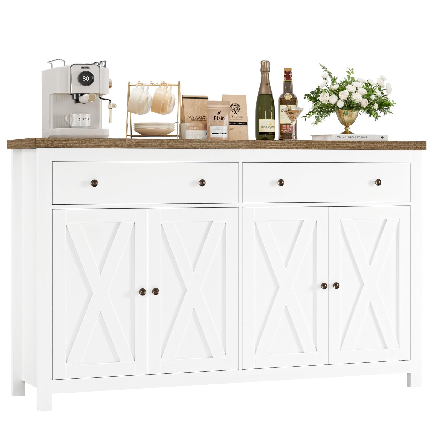 55" Large Sideboard Buffet Cabinet with 2 Drawers and 4 Doors, Wood Storage Buffet Table for Kitchen or Dining Room, White
