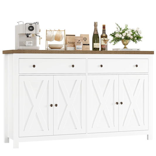 55" Large Sideboard Buffet Cabinet with 2 Drawers and 4 Doors, Wood Storage Buffet Table for Kitchen or Dining Room, White