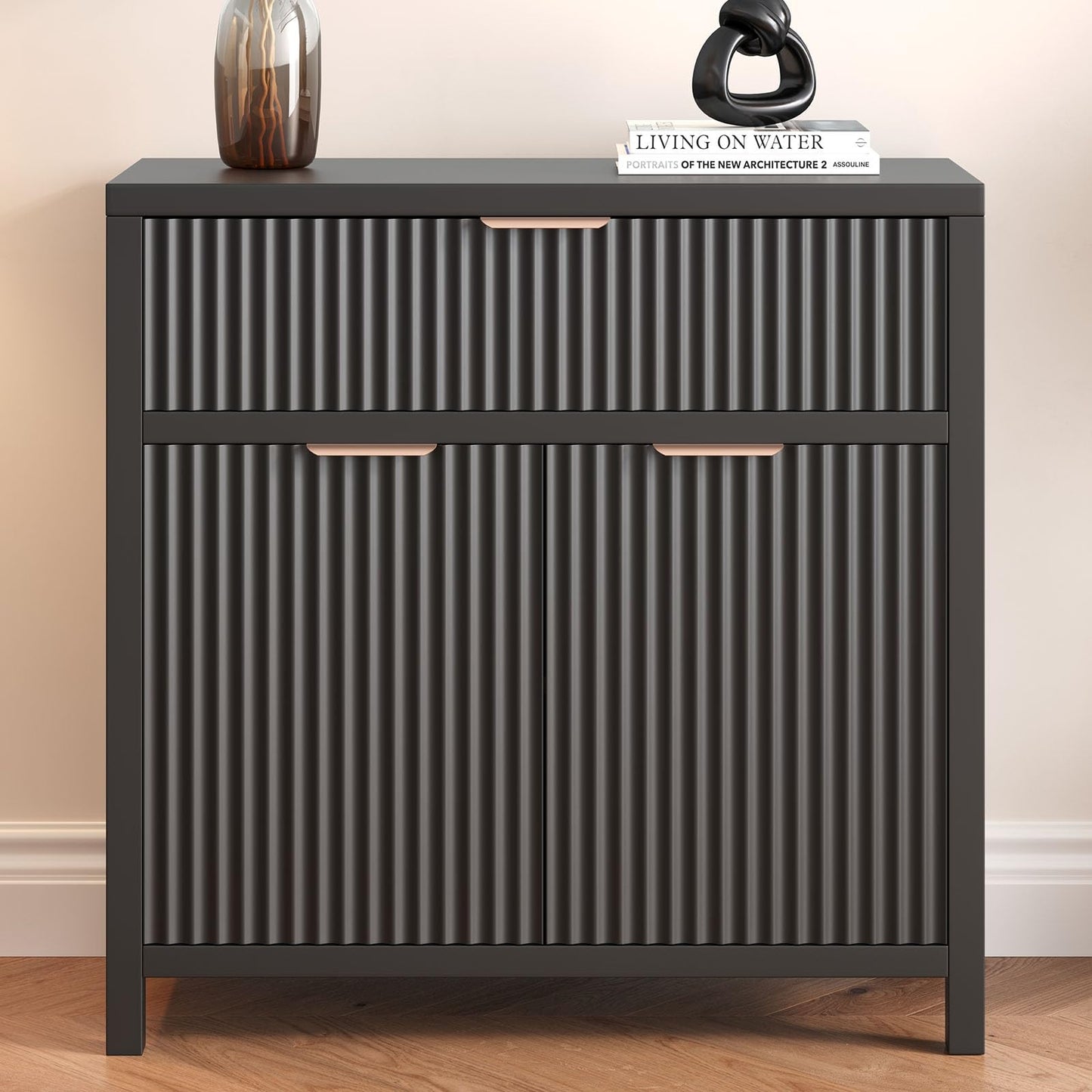 Fluted Storage Cabinet, Sideboard Buffet with Storage, 2 Door 1 Drawer Adjustable Shelf, Accent Cabinet, Console Tables, Credenzas for Living Room, Entryway Table Black