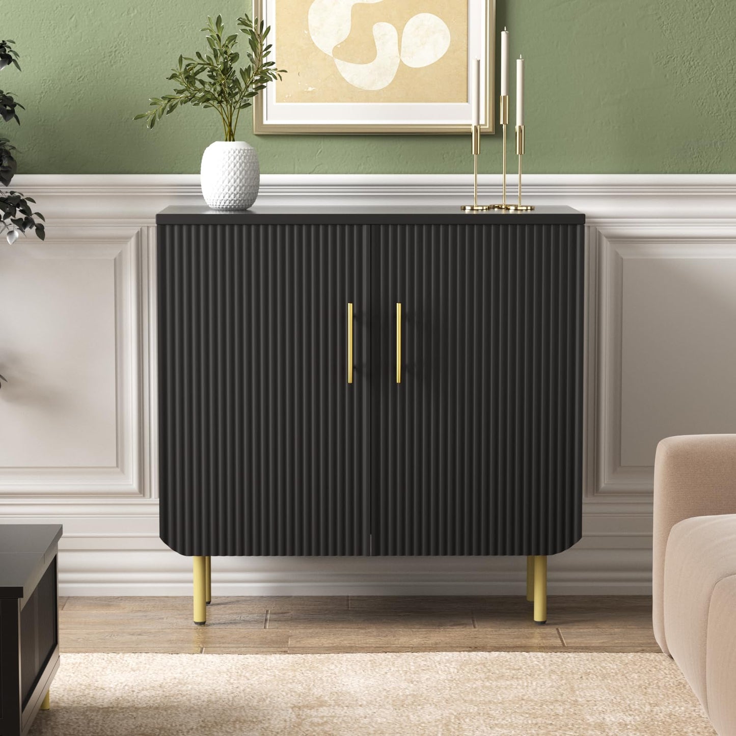 Buffet Cabinet with 2 Doors and Adjustable Shelf, Fluted Modern Sideboard Accent Cabinet for Living Room, Black
