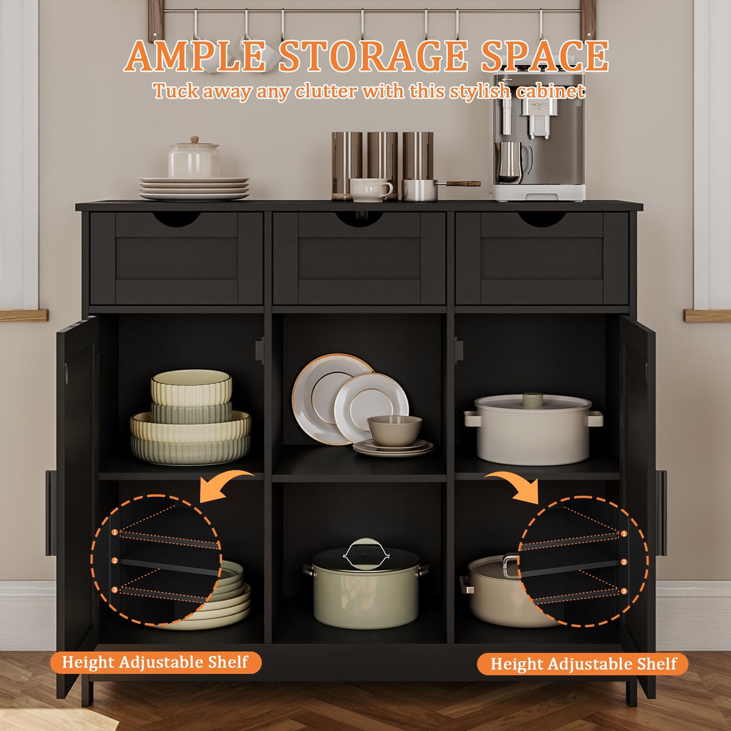 Storage Cabinet with 2 Doors, 3 Drawers, and 2 Adjustable Shelves, Coffee Bar Sideboard for Bathroom, Kitchen, or Living Room, Black