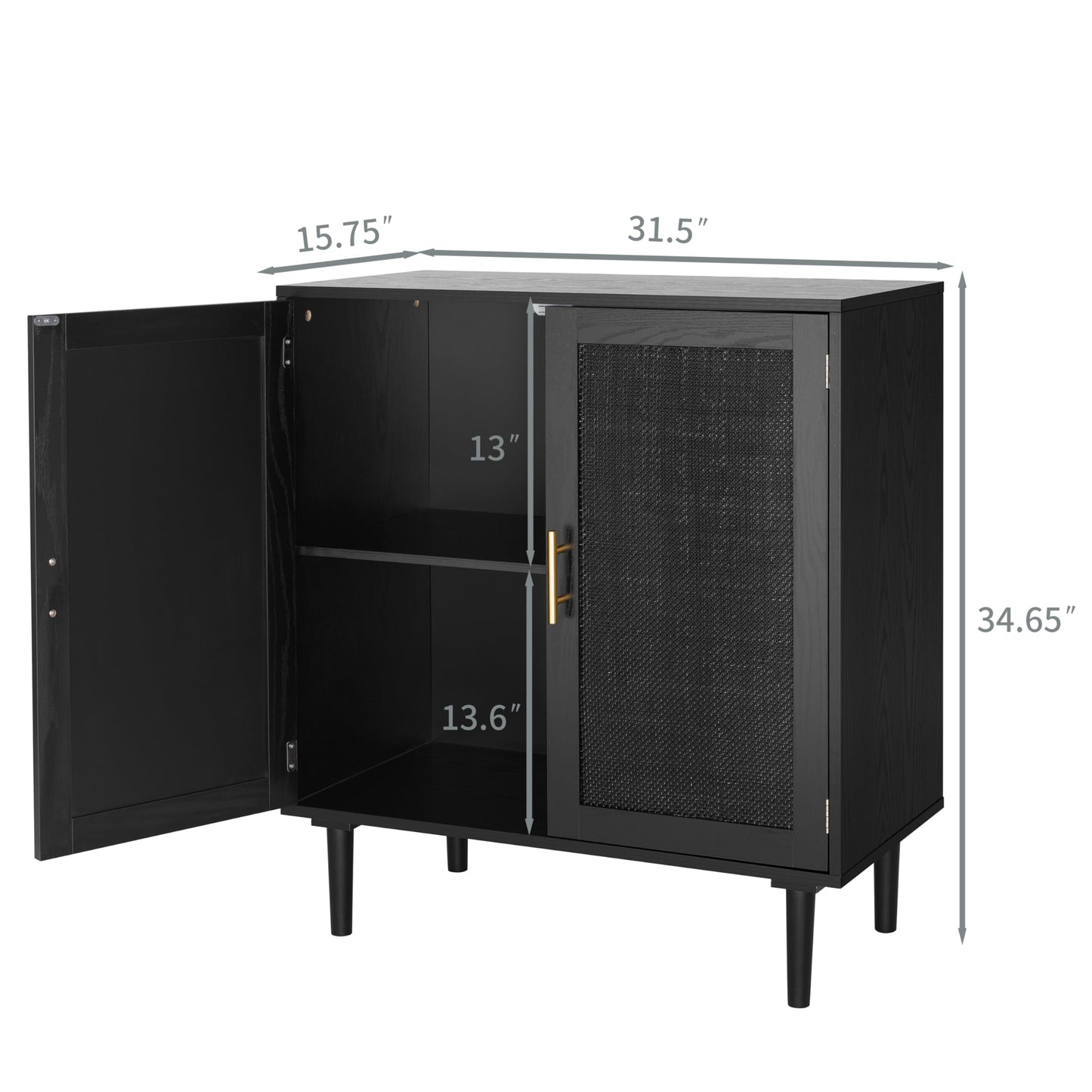 Sideboard Buffet Kitchen Storage Cabinet with Black Painted Rattan Doors, Modern Console Table Cupboard for Dining Room, Hallway, or Living Room, 31.5" x 15.8" x 34.6", Black