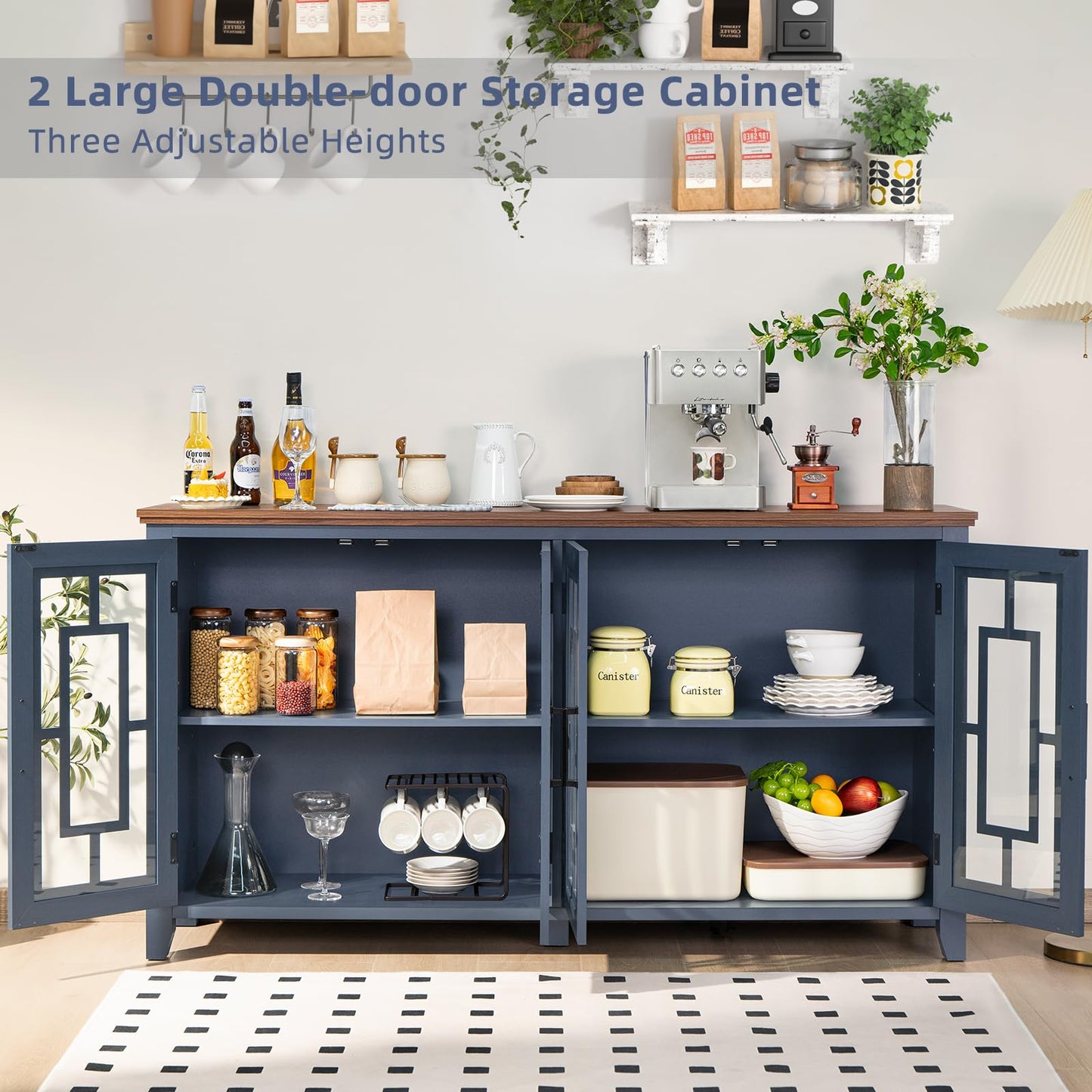 **63" Large Farmhouse Sideboard Buffet Cabinet with Storage, Navy Blue Wood Coffee & Wine Bar Cabinet with 4 Glass Doors, Mid-Century Modern Sideboard for Dining Room or Living Room**