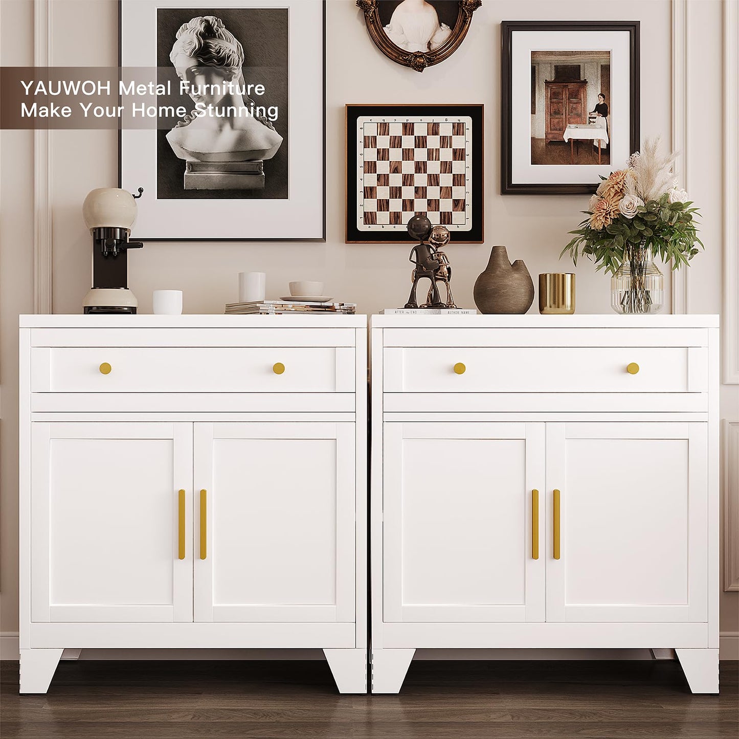 Metal Sideboard Cabinet with Large Drawers and Adjustable Shelf, Farmhouse Coffee Bar Buffet Storage for Kitchen, Dining Room, or Entryway, White