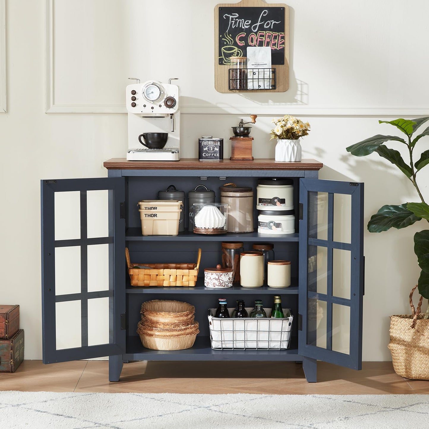 **32" Large Farmhouse Sideboard Buffet Cabinet with Storage, Wood Coffee & Wine Bar Cabinet with 2 Glass Doors, Mid-Century Modern Sideboard for Dining Room or Living Room, Navy Blue**