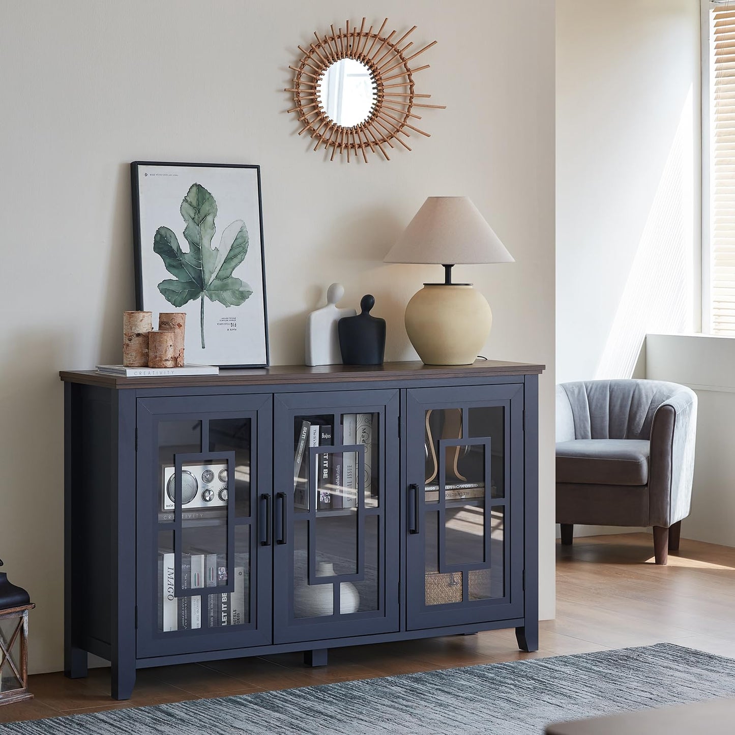 **55" Large Farmhouse Sideboard Buffet Cabinet with Storage, Wood Coffee & Wine Bar Cabinet with 3 Glass Doors, Mid-Century Modern Sideboard for Dining Room or Living Room, Navy Blue**
