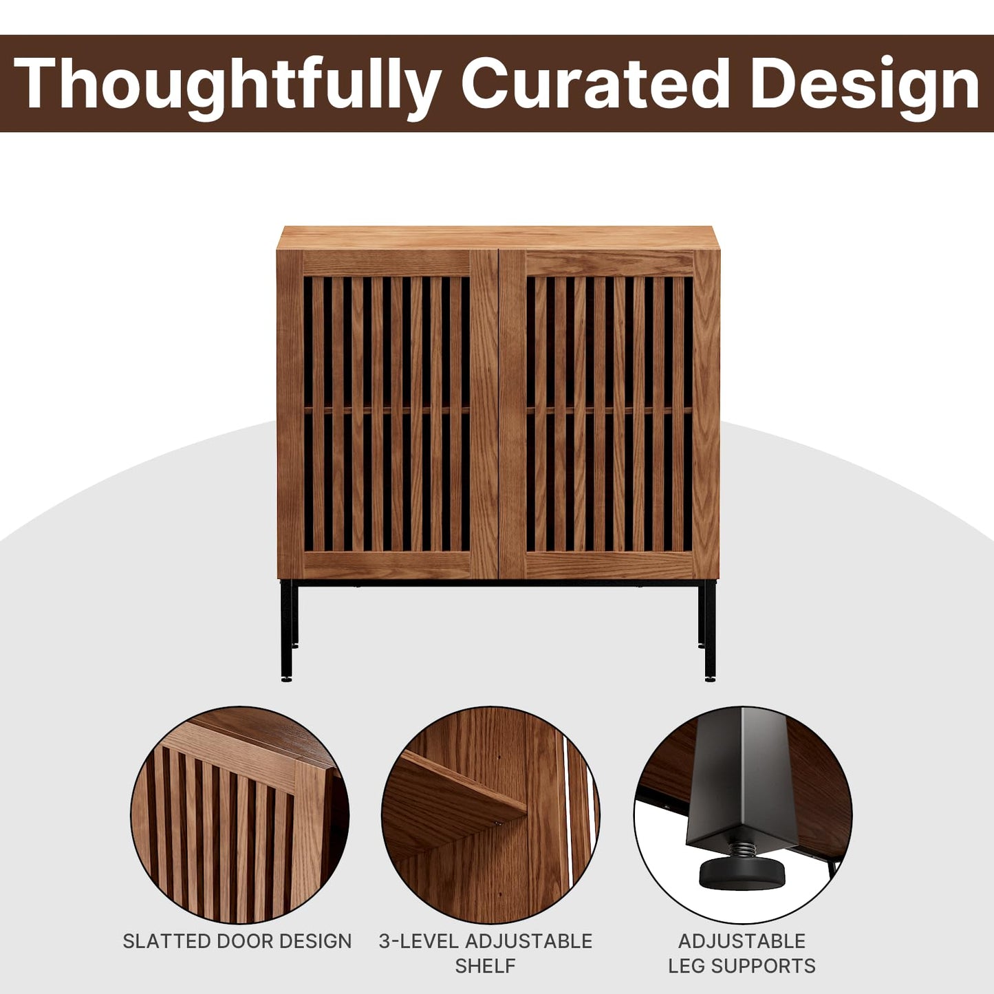 **32" Storage Cabinet, Modern Coffee Bar with Adjustable Shelf and Metal Base, Wood Multifunctional Console Table for Kitchen, Living Room, and Entryway, Brown**