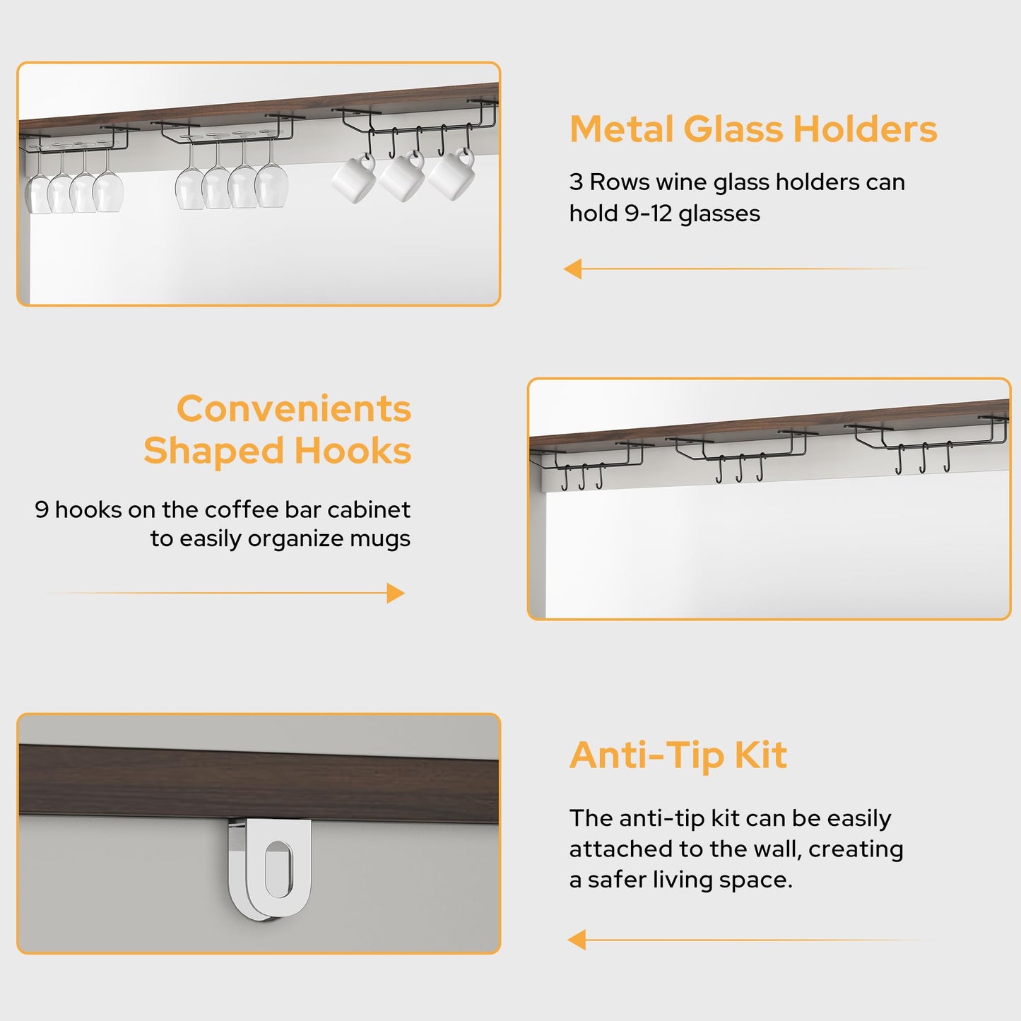 **Buffet Sideboard with Storage Hutch, 4-Door Farmhouse Kitchen Cabinet with Power Outlets, Wood Coffee Bar Cabinet with Goblet Holder and Cup Hooks for Kitchen, Dining Room, or Entryway**