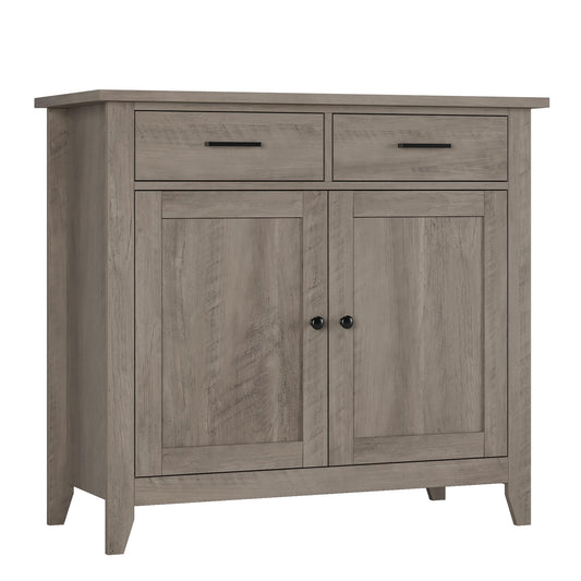 HORSTORS Modern Farmhouse Buffet Cabinet with Storage, Kitchen Sideboard Coffee Bar with 2 Drawers and 2 Doors, Floor Storage Cabinet for Living Room, Dining Room, or Bathroom, Grey