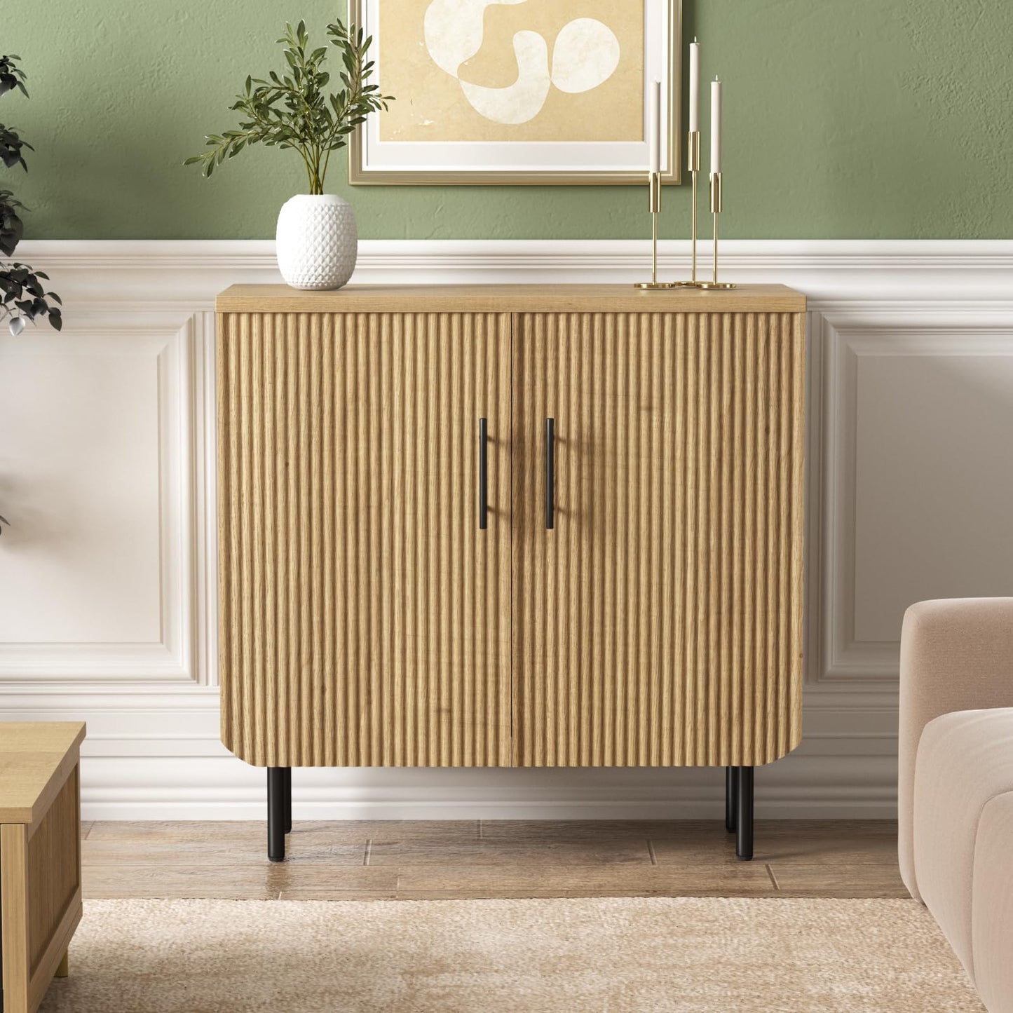 Buffet Cabinet with 2 Doors and Adjustable Shelf, Fluted Modern Sideboard Accent Cabinet for Living Room, Natural