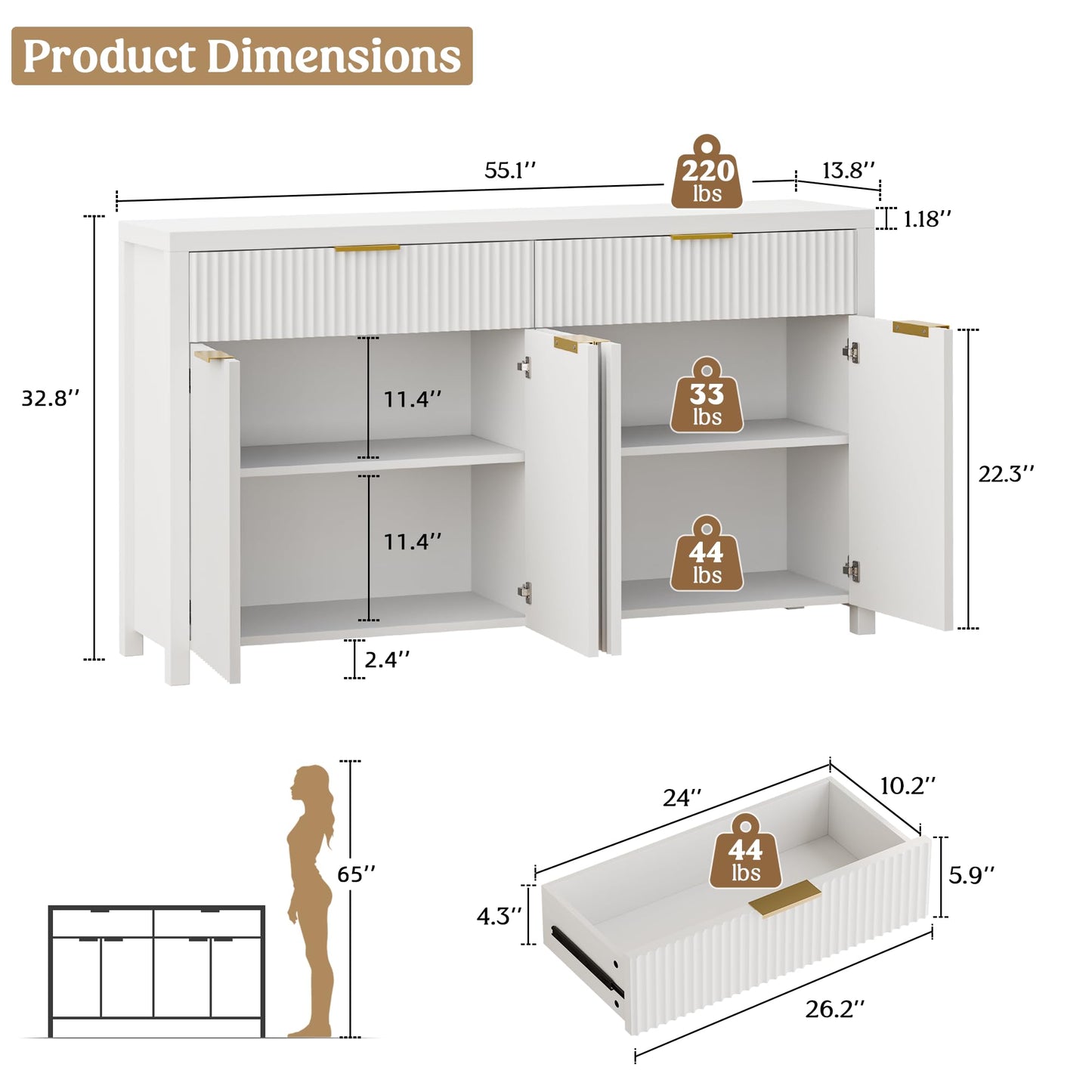 55" White Fluted Buffet Cabinet with Storage, Large Wood Sideboard with Adjustable Shelves for Entryway, Kitchen, or Living Room