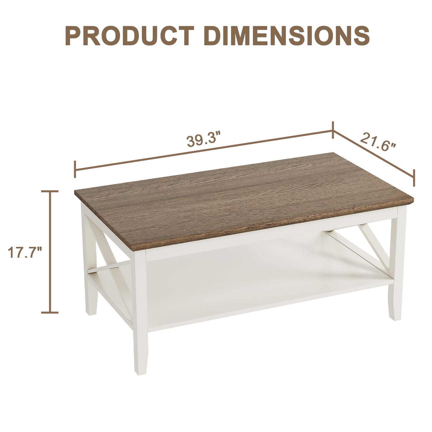White Wooden Farmhouse Coffee Table with Thick Legs and Storage for Living Room