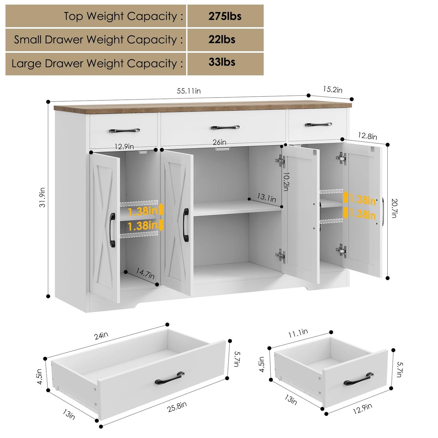 55" Large Buffet Sideboard Cabinet with Drawers, Shelves, and Doors, Modern Farmhouse Coffee Bar Station for Kitchen or Dining Room, White/Rustic