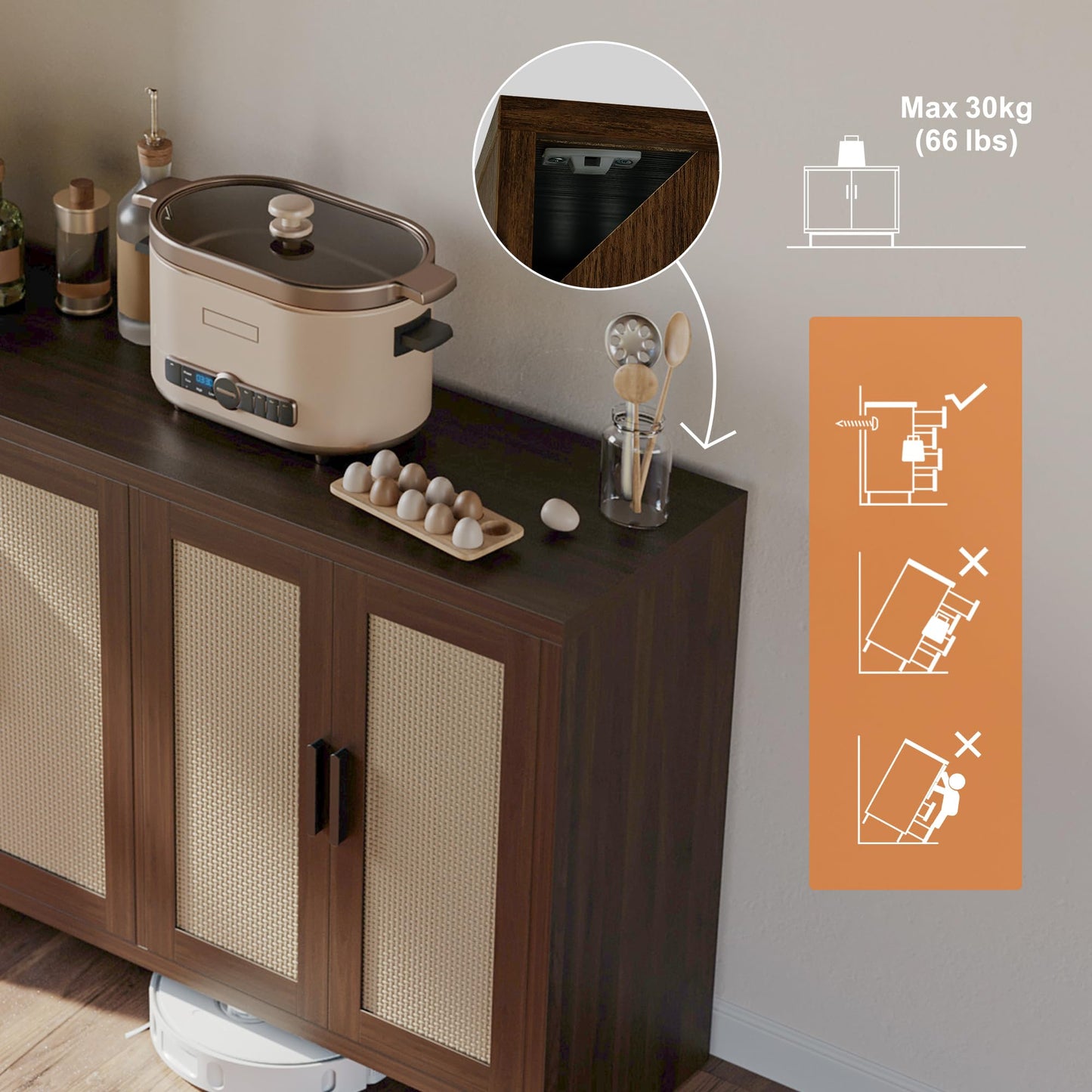 **Rattan Buffet Cabinet with Storage, Sideboard with Doors and Adjustable Shelves, Farmhouse Coffee Bar Station, Modern