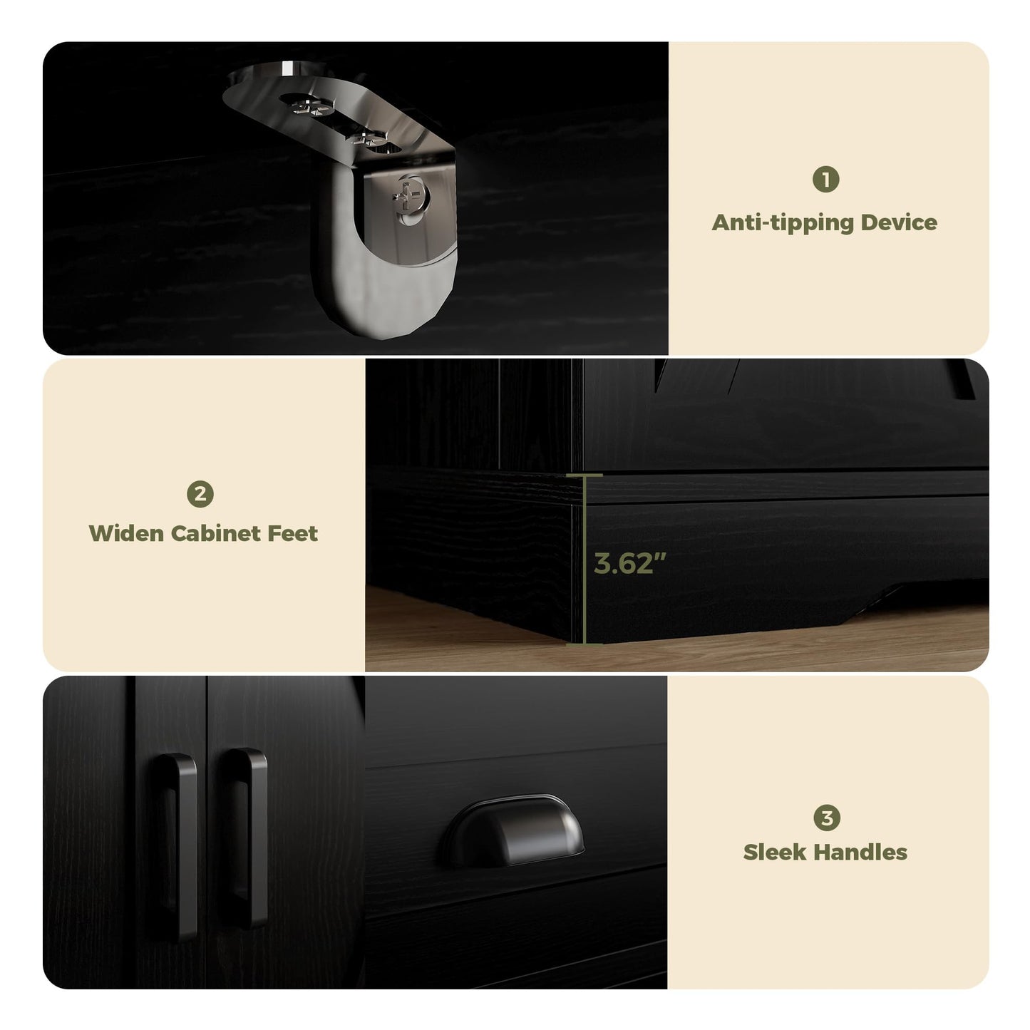 Buffet Cabinet with 4 Doors, 3 Drawers, and 6 Adjustable Shelves, Modern Sideboard Coffee Bar Storage for Kitchen or Dining Room, Black