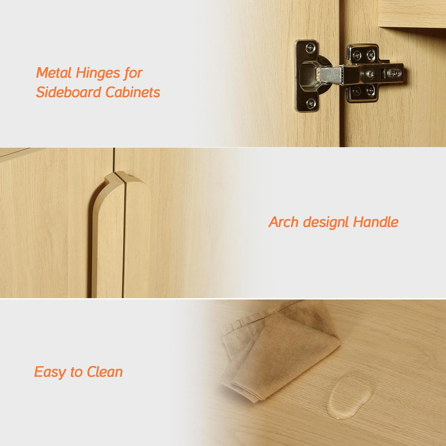 63" Wide Curved Buffet Sideboard Cabinet with 4 Doors, Modern Coffee Bar and Wine Bar Storage for Dining Room, Living Room, or Kitchen, Oak