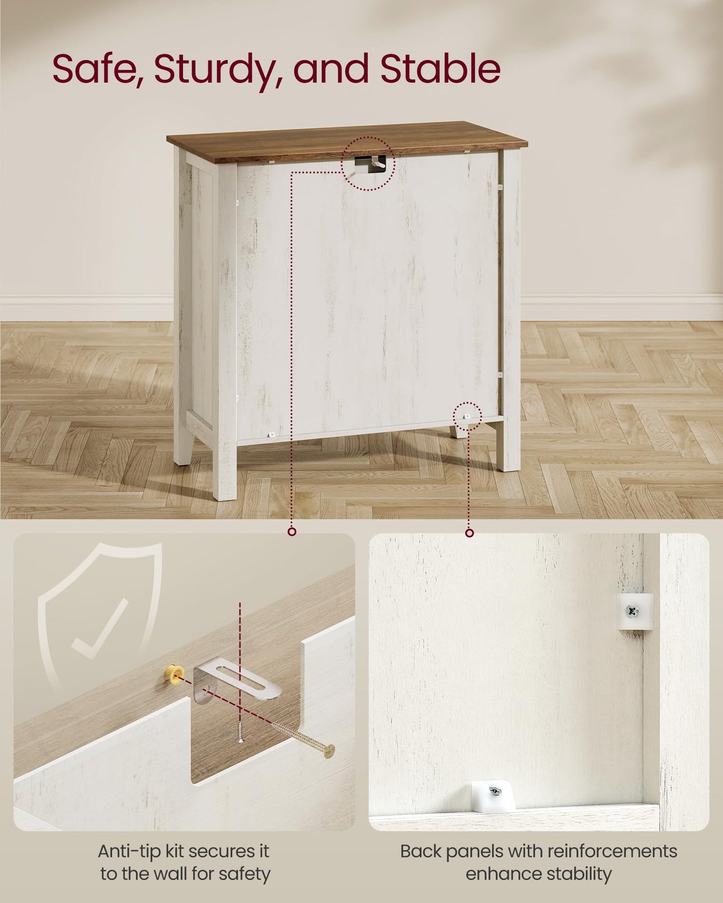 **Buffet Cabinet, Coffee Bar Cabinet with Drawer, Adjustable Shelf, Sideboard Storage with Cable Hole and Drawer Divider, Rustic White and Honey Brown**