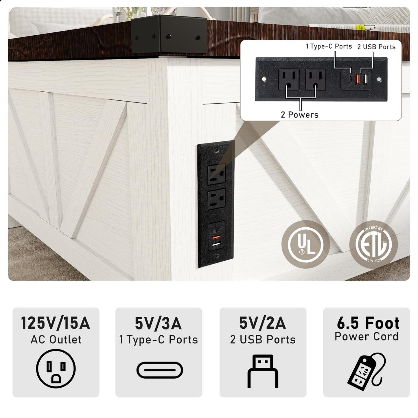 Farmhouse Lift Top Coffee Table with Storage and Charging Station – White Wood Square Center Table with USB Ports, Hidden Compartment, and Large Storage Space for Living Room, Bedroom, or Home Office