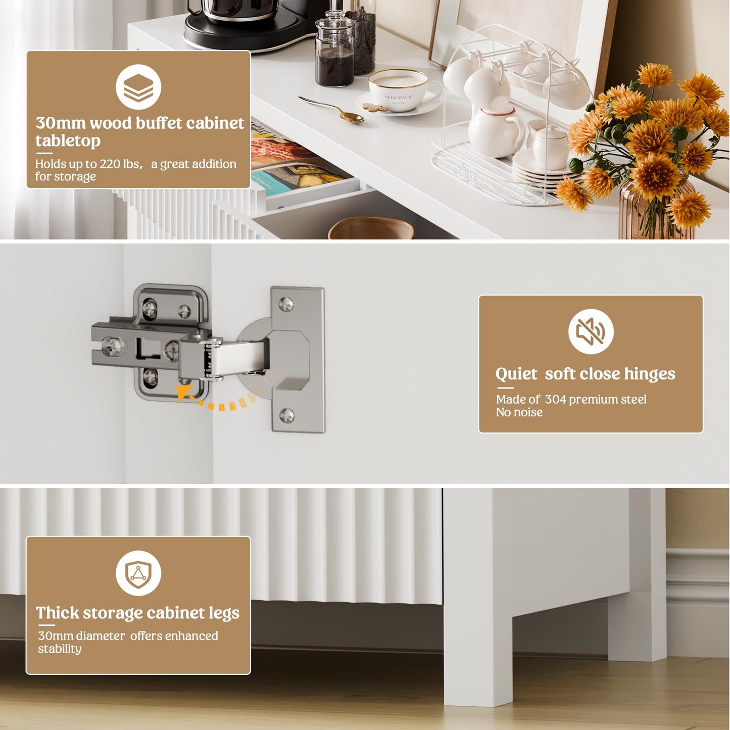 55" White Fluted Buffet Cabinet with Storage, Large Wood Sideboard with Adjustable Shelves for Entryway, Kitchen, or Living Room