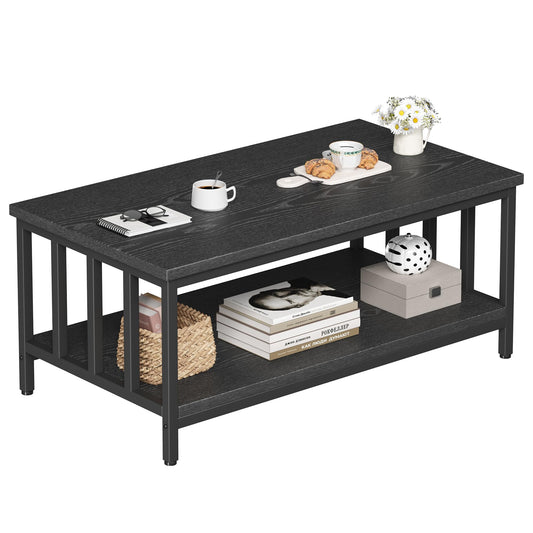 Modern Farmhouse Coffee Table with Slatted Frame, 2-Tier Storage Shelf for Living Room or Office, 39 Inch Black