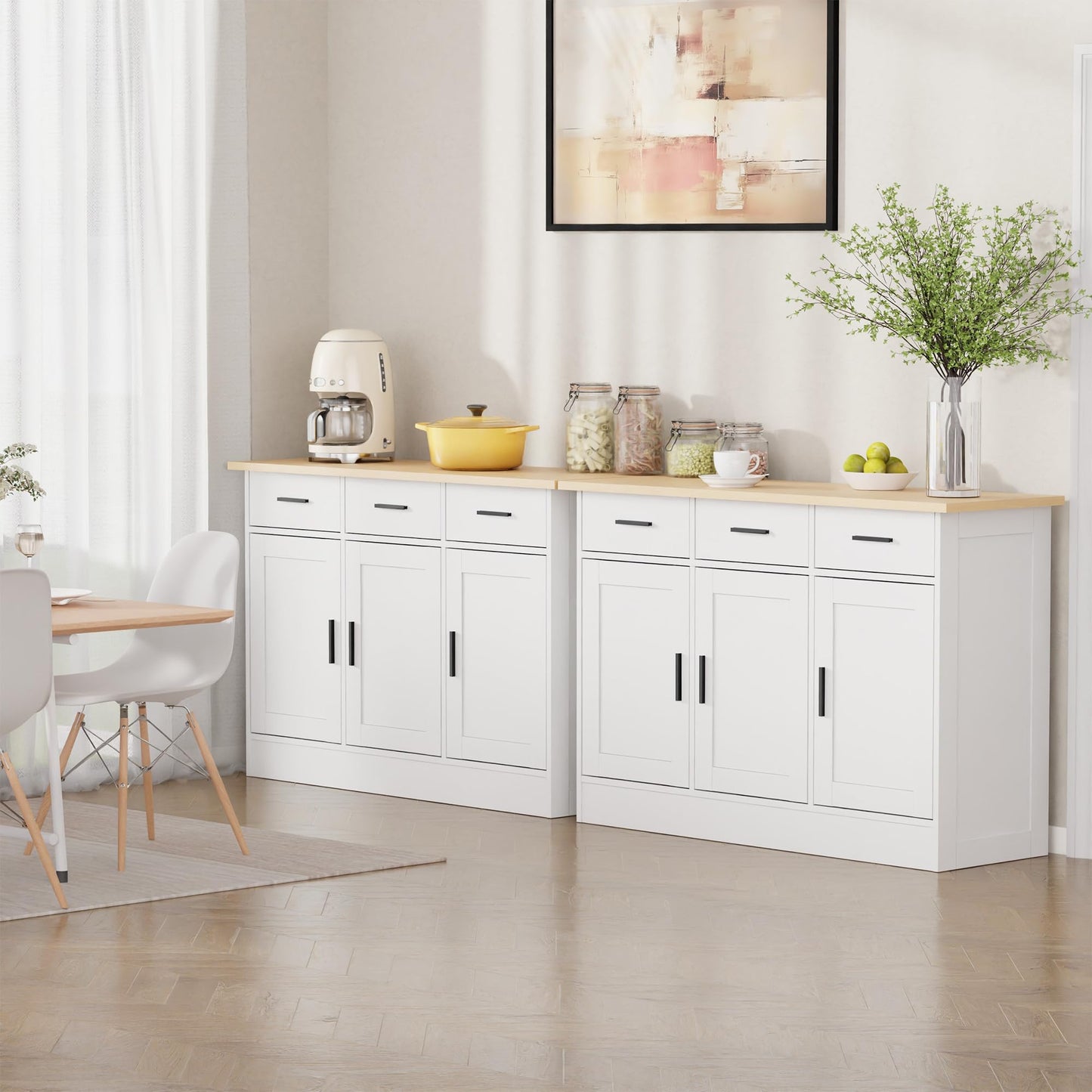 White Buffet Cabinet with Storage, Modern Wooden Narrow Sideboard Credenza with Doors for Entryway or Living Room