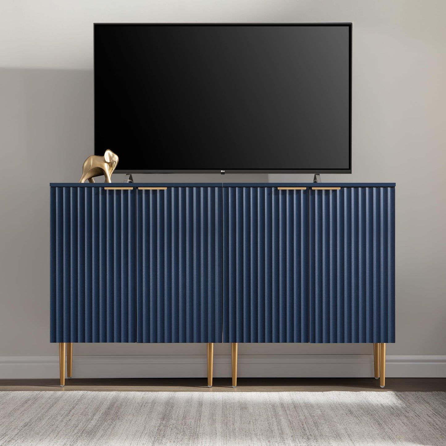 57" Modern Sideboard Buffet Cabinet with 4 Doors and Adjustable Shelf, Space-Saving Storage Console for Entryway, Kitchen, or Living Room, Navy Blue
