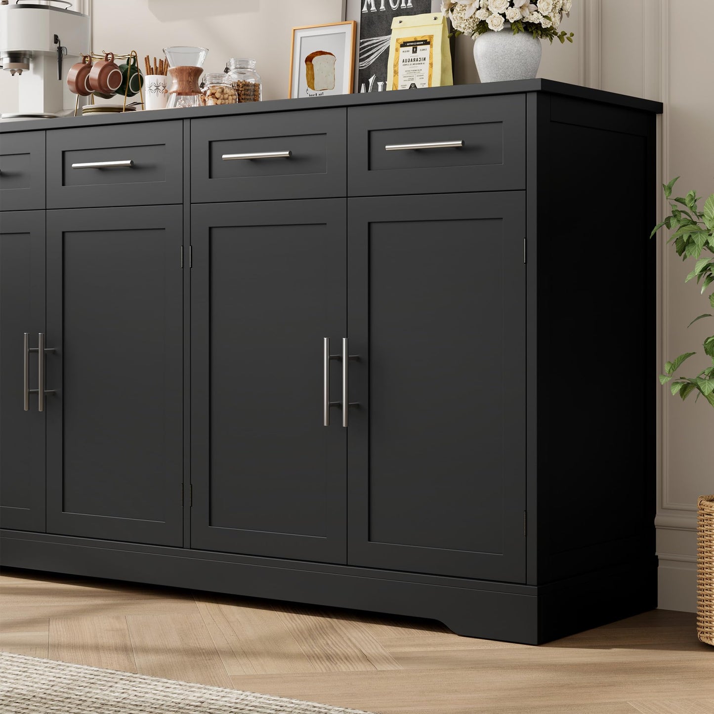 60" Large Buffet Sideboard with 4 Drawers and Storage, 36" Tall Modern Kitchen Cabinet with Silver Handles, Black