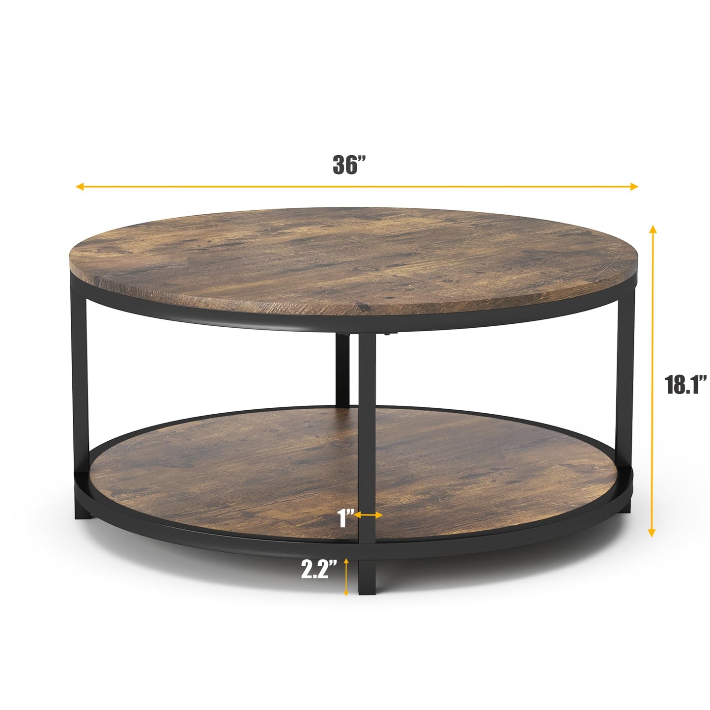 NSdirect 36" Round Coffee Table for Living Room – Rustic Brown Wooden Top with Sturdy Metal Legs, 2-Tier Industrial Sofa Table with Open Storage Shelf, Modern Home Furniture