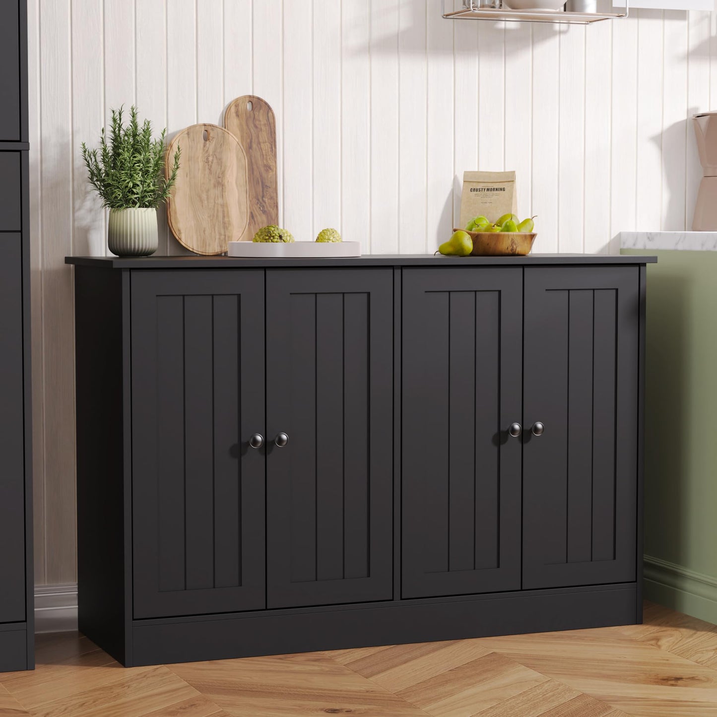 47" Sideboard Buffet Cabinet with 4 Doors, Modern Farmhouse Coffee Bar Storage Table for Kitchen, Dining, or Living Room, Black